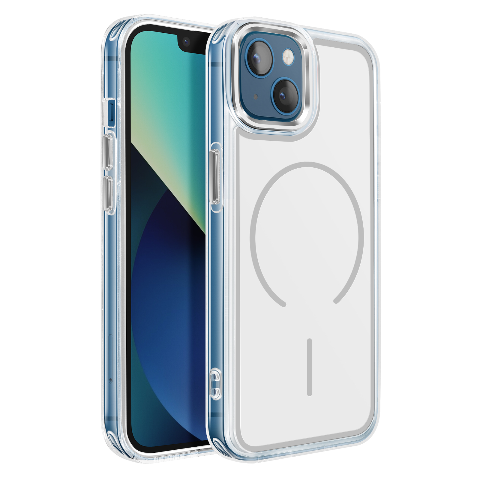 Ein transparentes Handyhülle mit blauen Akzenten und einem Telefon darin.