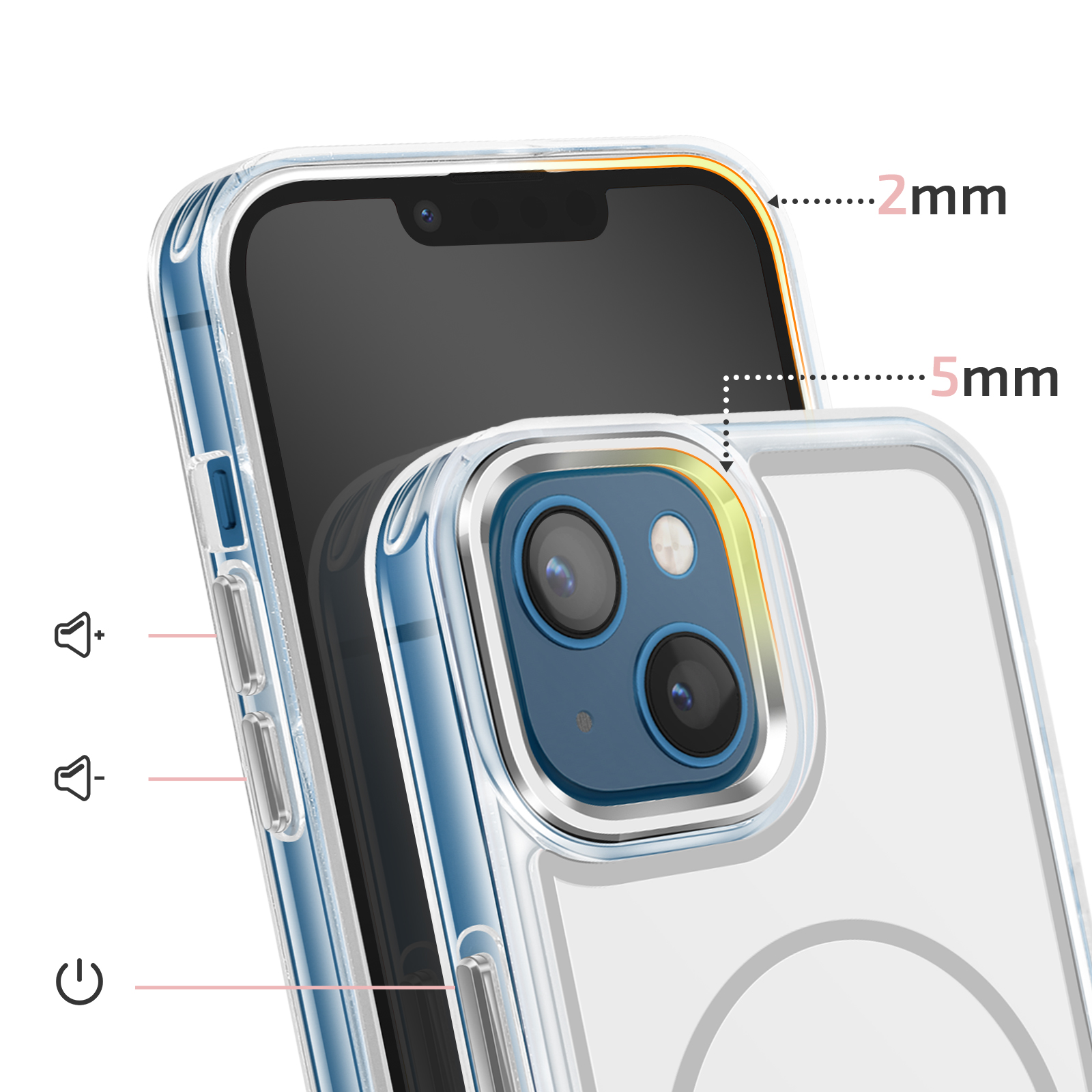 Ein transparentes Handyhülle zeigt iPhone-Kameras, Lautstärketasten und eine Ein/Aus-Taste.
