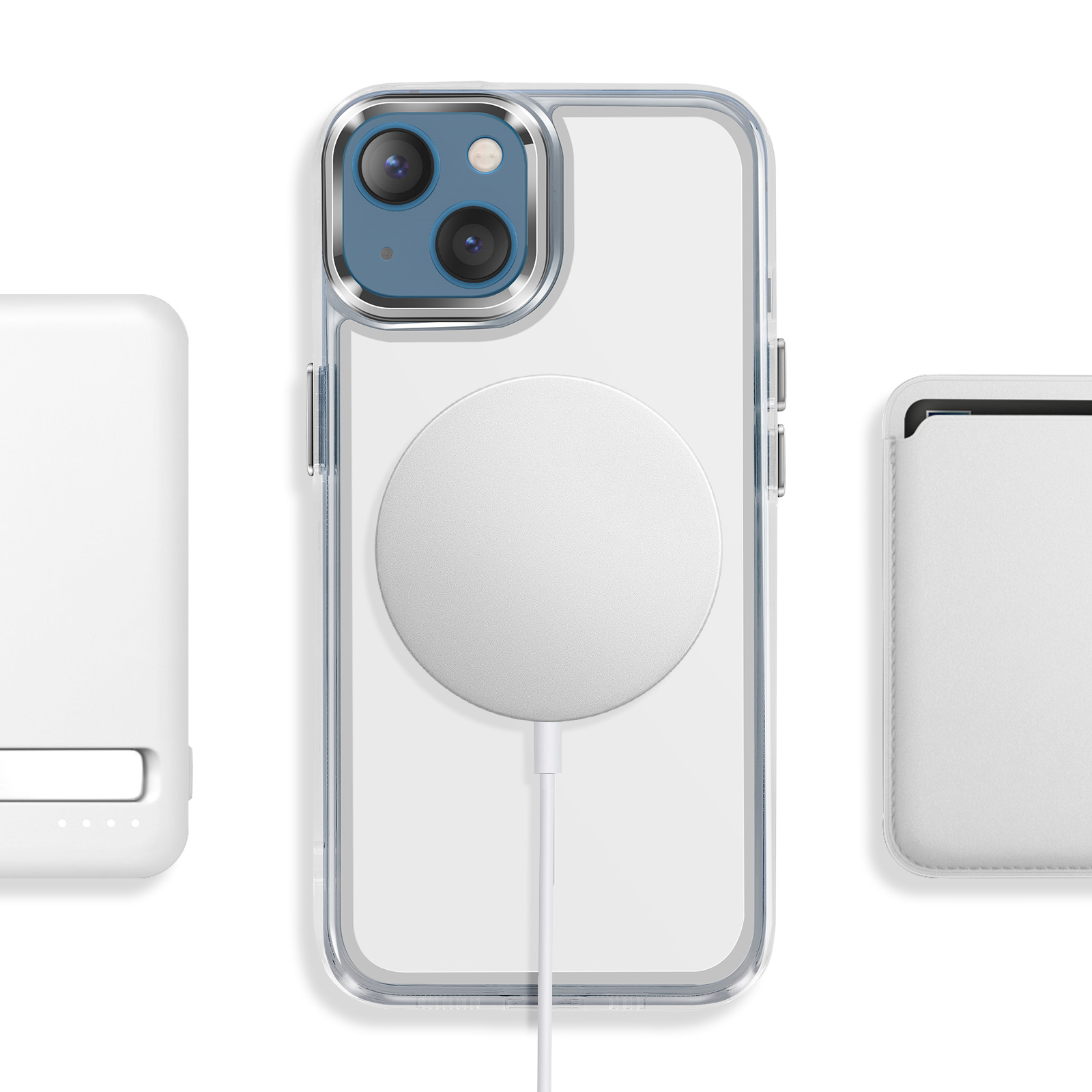 Ein iPhone in Hülle mit MagSafe-Ladegerät und Kartenhalter.