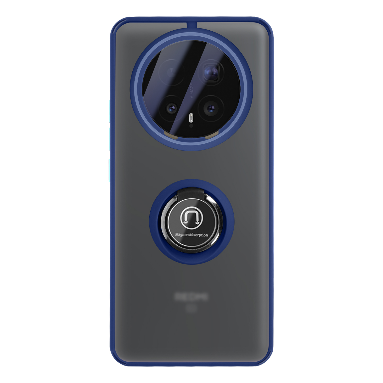 Achterkant van een smartphone met blauw frame, drievoudige camera en ringhouder.