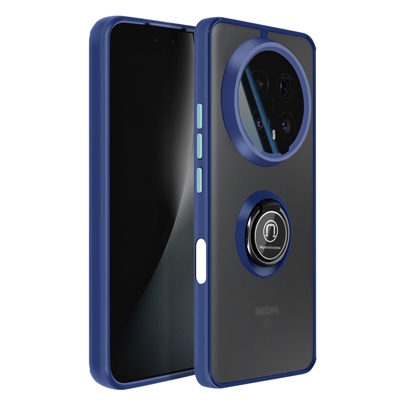 Donkerblauwe telefoonhoes met zwart scherm en camera. Magnetische ring onderaan.