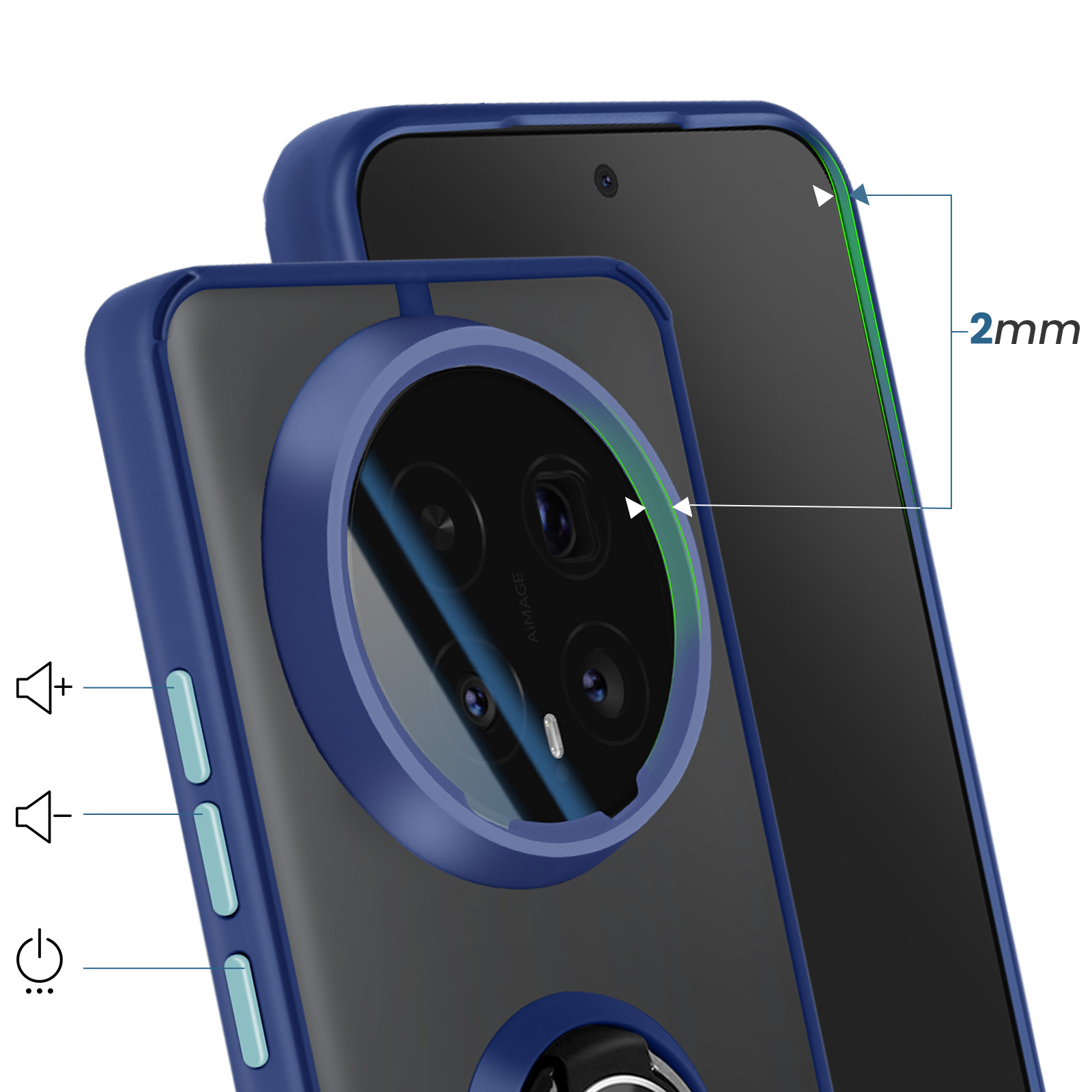 Blauw telefoonhoesje met camerabescherming en 2mm rand. Volume- en aan/uitknoppen.