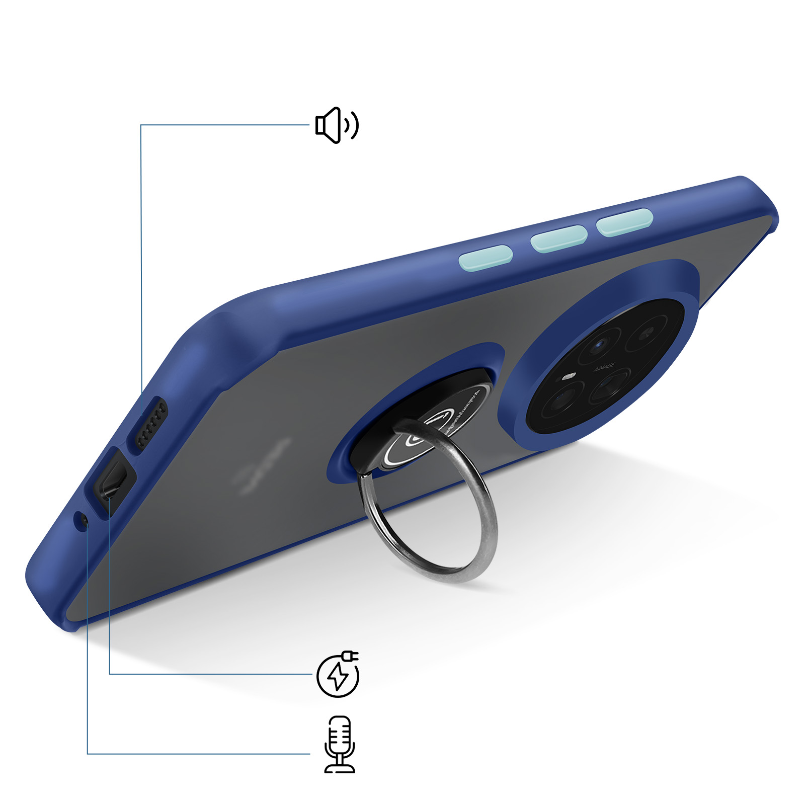 Blauw telefoonhoesje met ringhouder, laad- en microfooniconen.
