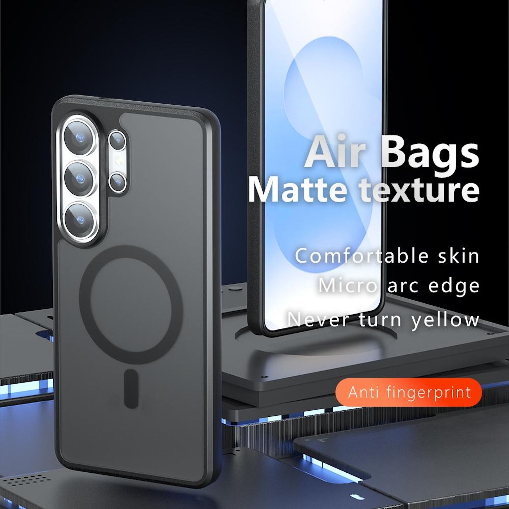 Funda negra para teléfono con anillo MagSafe y isla de cámara.