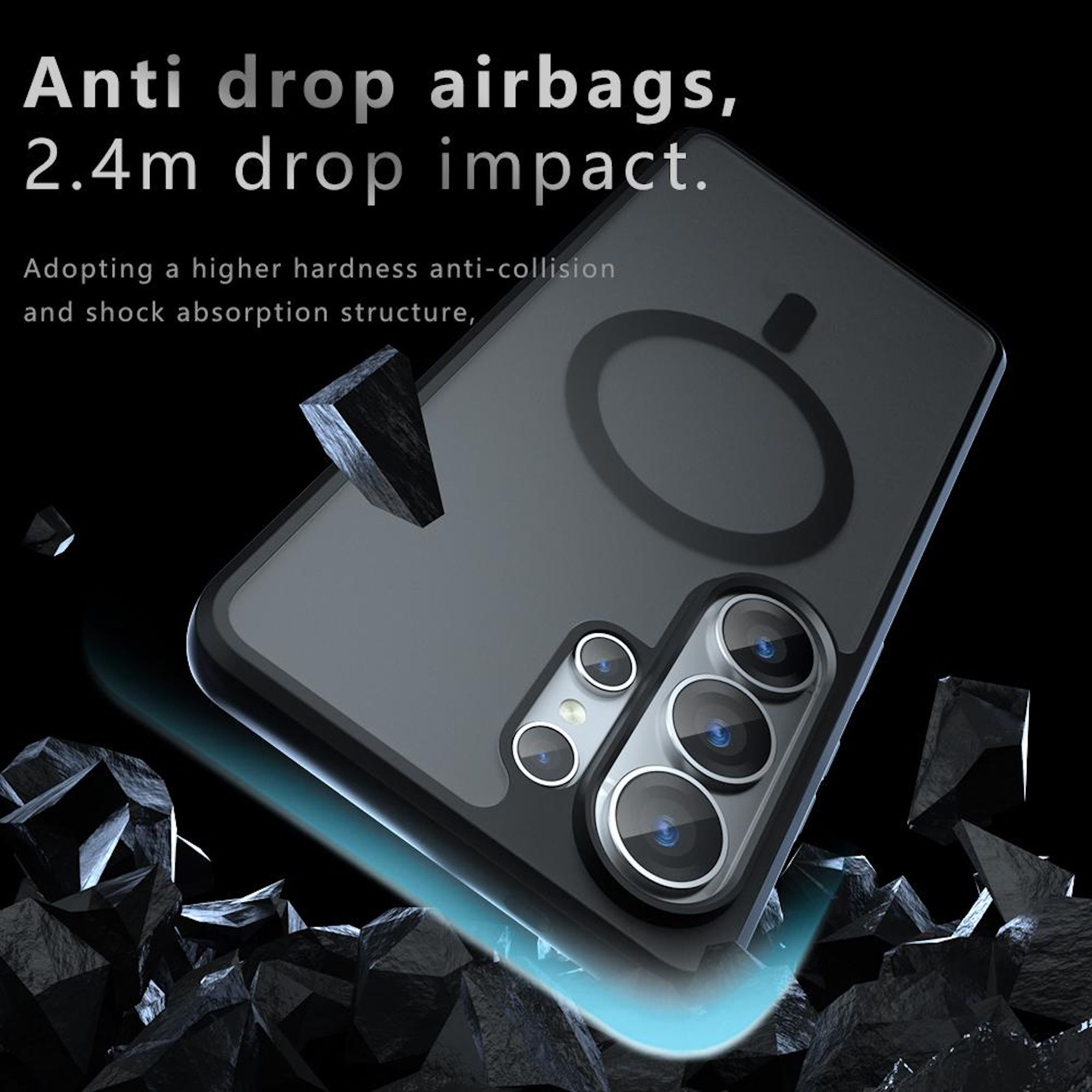 Una funda negra para teléfono con sistema de cámaras, rodeada de rocas irregulares.