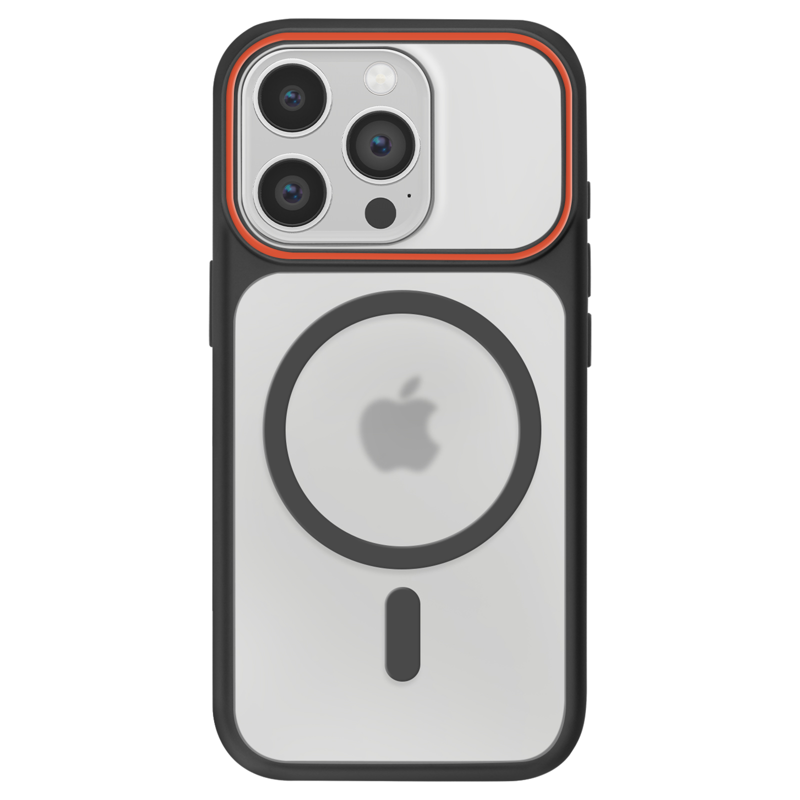 Coque noire avec bordure orange, triple appareil photo et logo Apple.