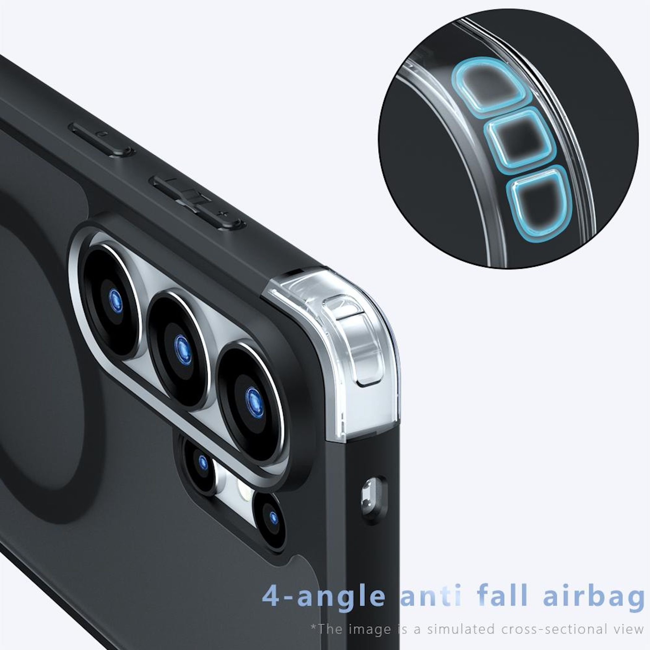 Primer plano de una funda de teléfono negra con tres cámaras y detalles de airbag.