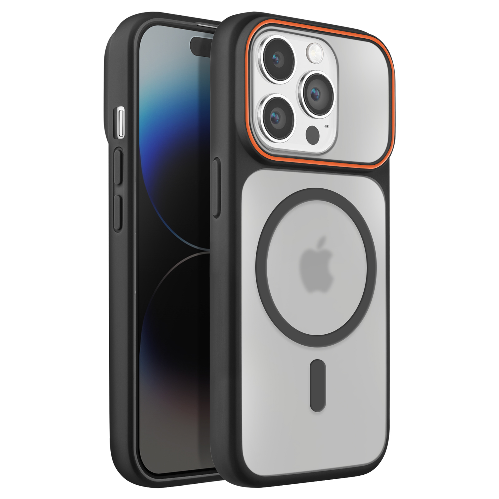 iPhone noir avec coque transparente, bordure orange et trois caméras.