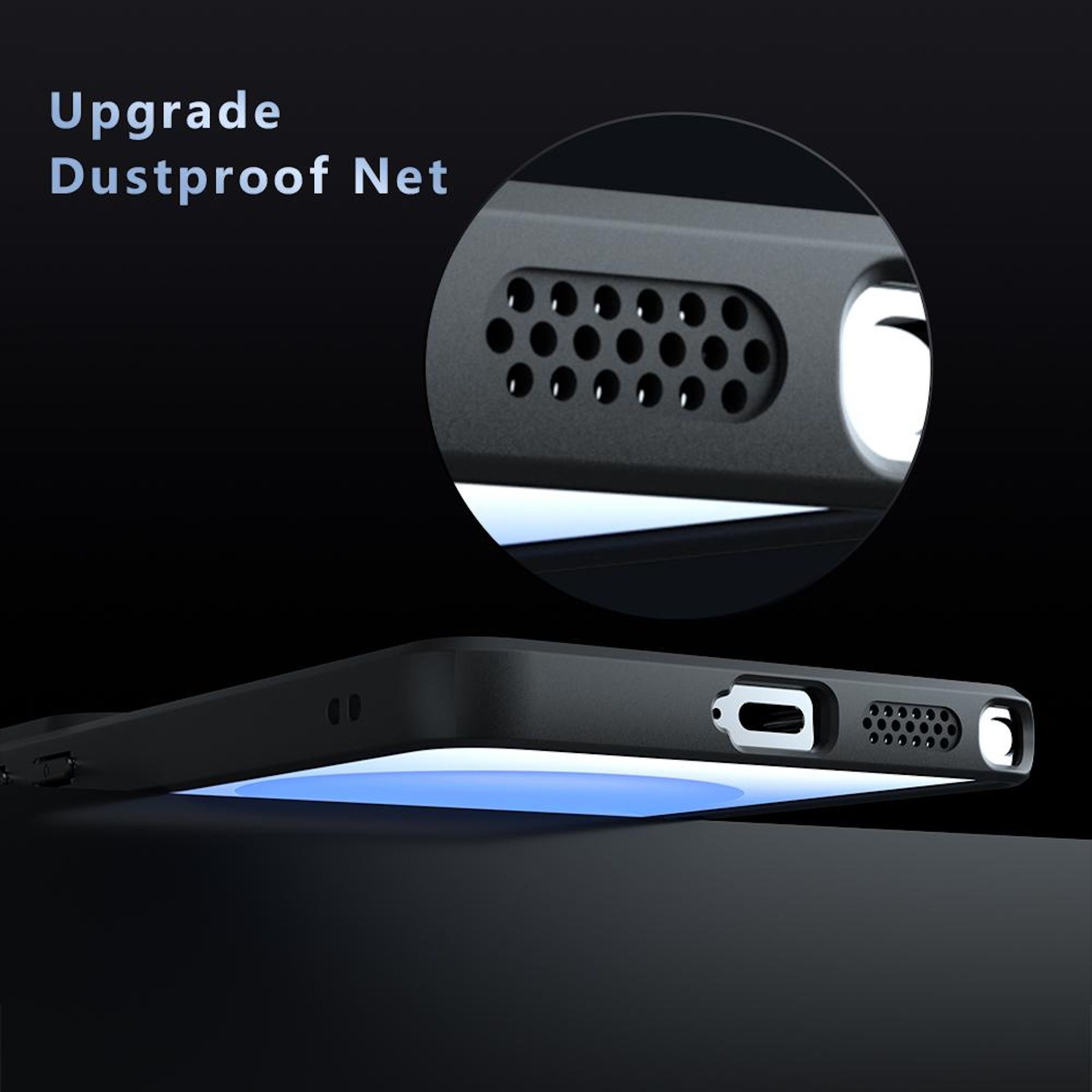 Primer plano de funda de teléfono negra con rejillas y texto 'Upgrade Dustproof Net'.