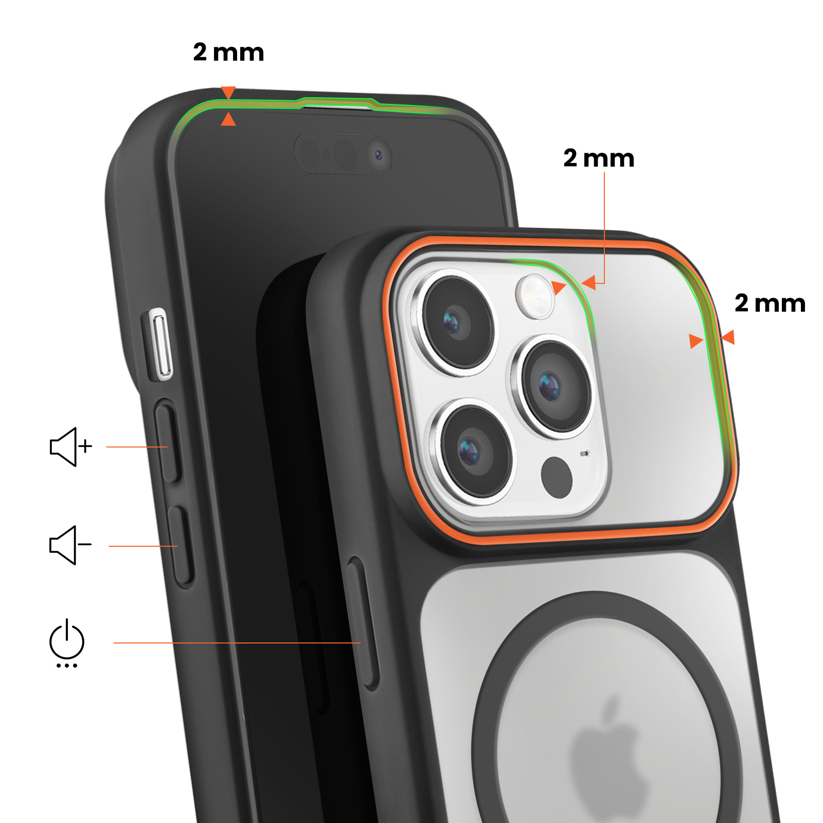 Un iPhone noir avec un étui transparent montrant la caméra et des bords de 2 mm.