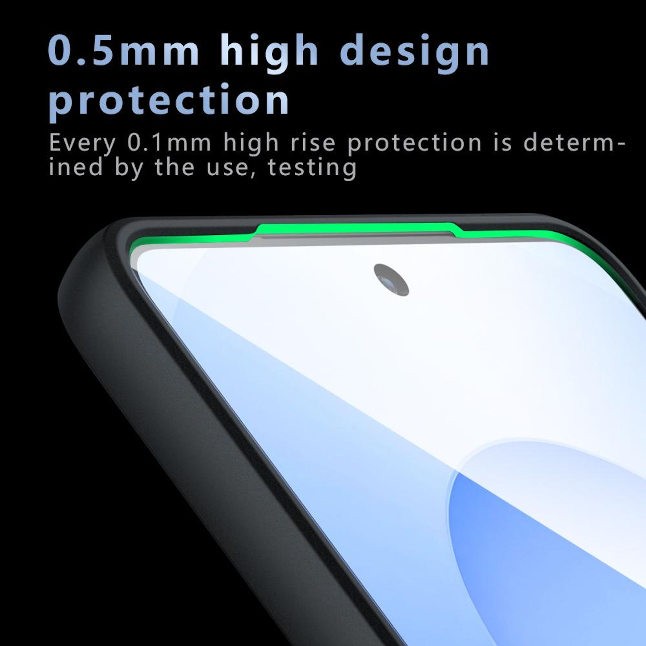 Funda de teléfono negra con borde verde y texto sobre protección.