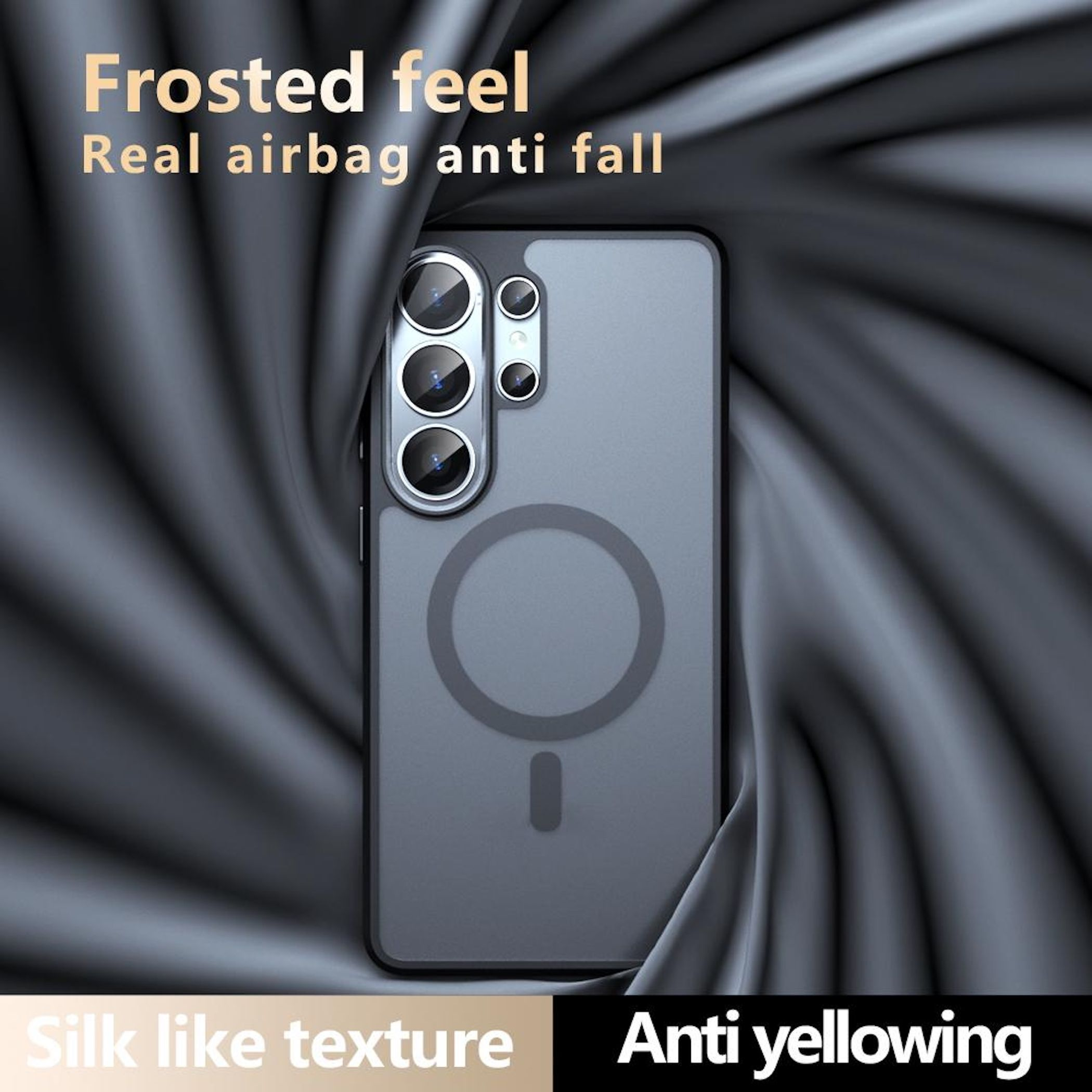 Funda de teléfono gris con cámaras y detalle de anillo en tela oscura.