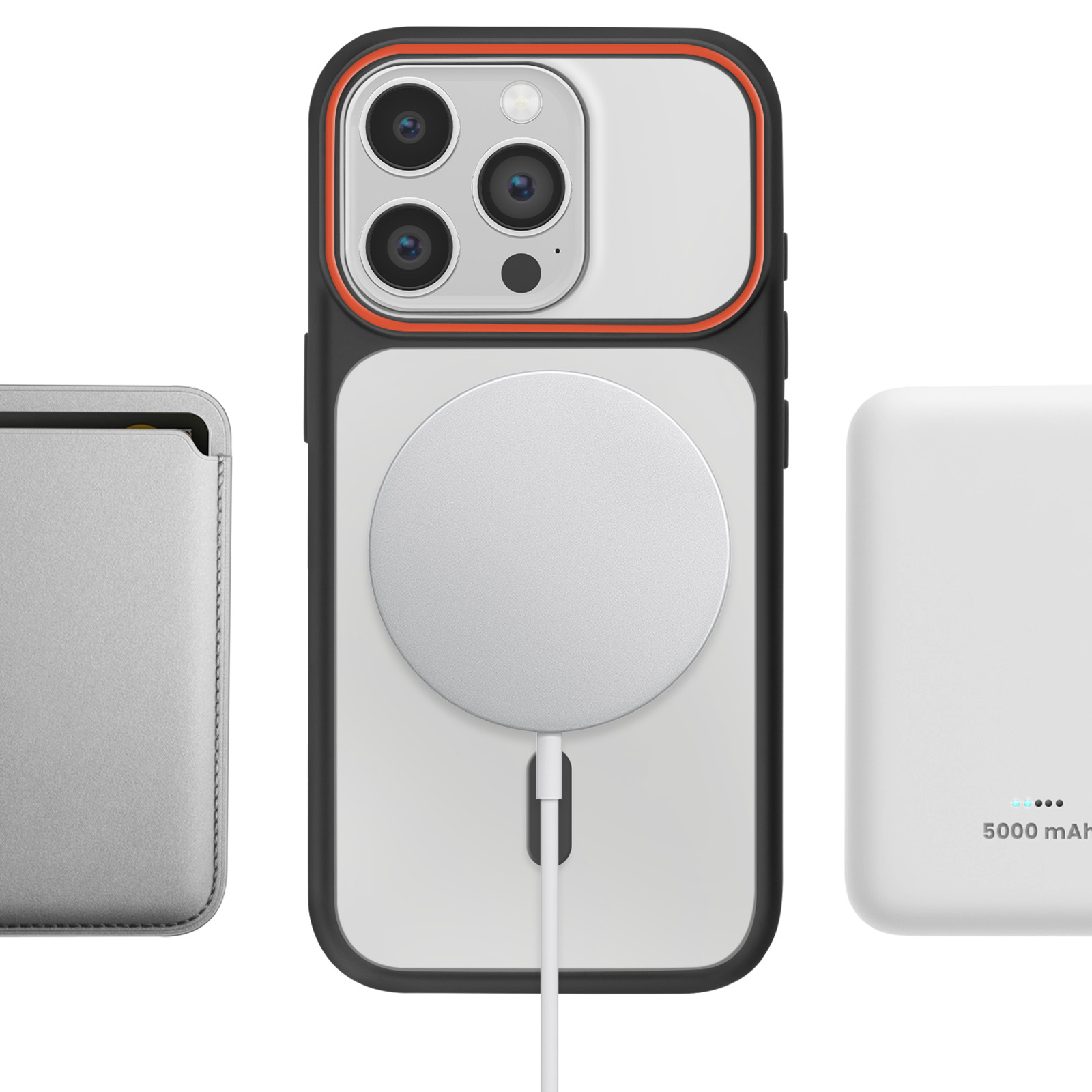 Un iPhone avec étui, chargeur MagSafe et batterie externe.