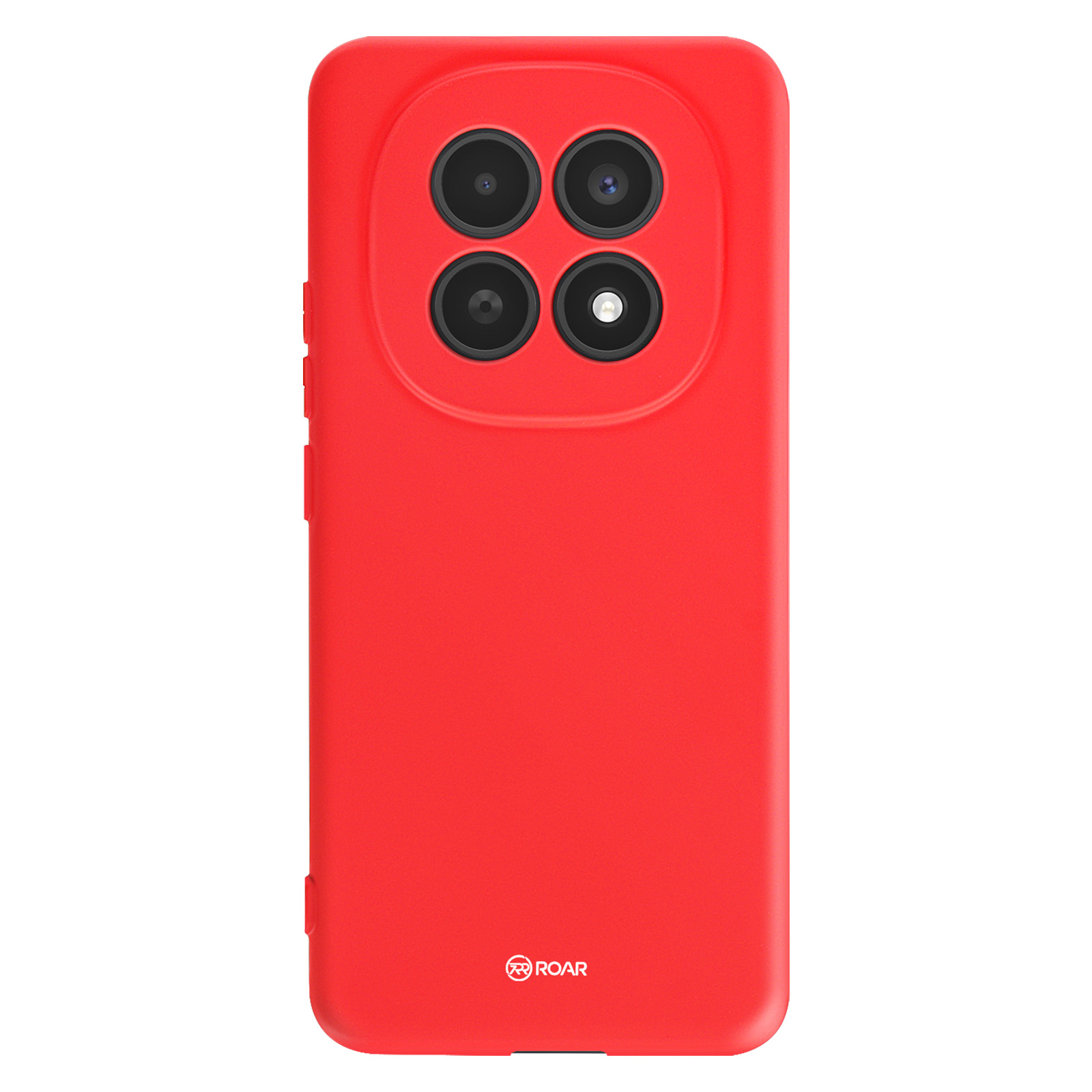 Custodia rossa per telefono con quattro obiettivi e flash.
