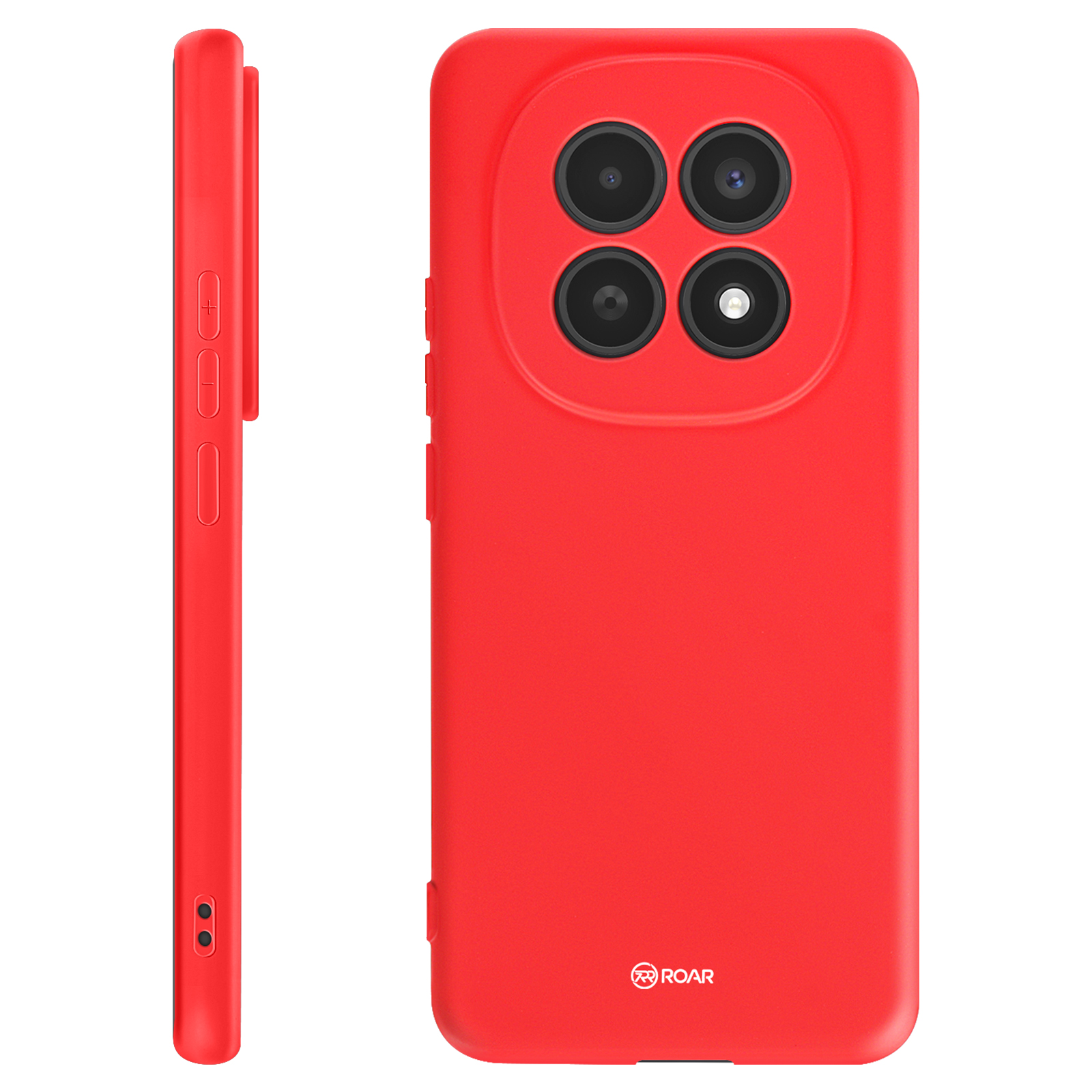 Cover rossa per telefono con fotocamera quadrupla e tasti volume.