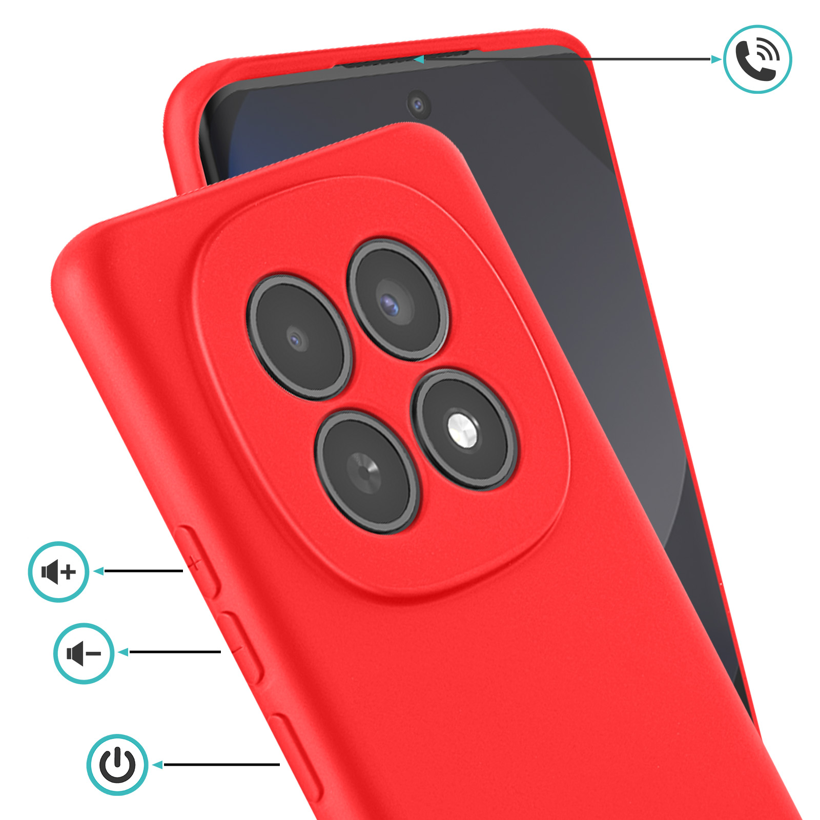 Smartphone rosso con modulo fotocamera rotondo e icone volume e accensione.