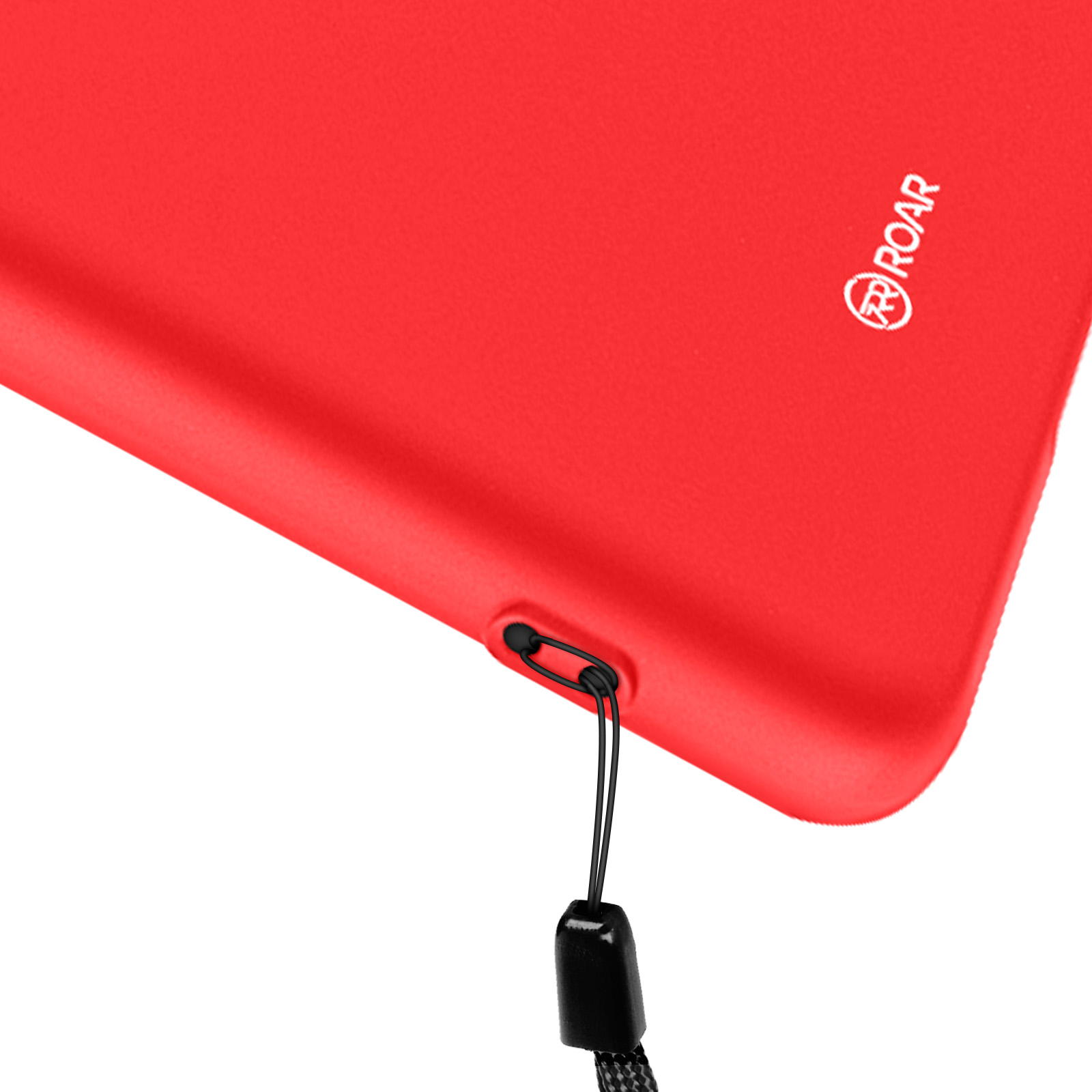 Custodia rossa per telefono con laccetto nero e logo ROAR bianco.