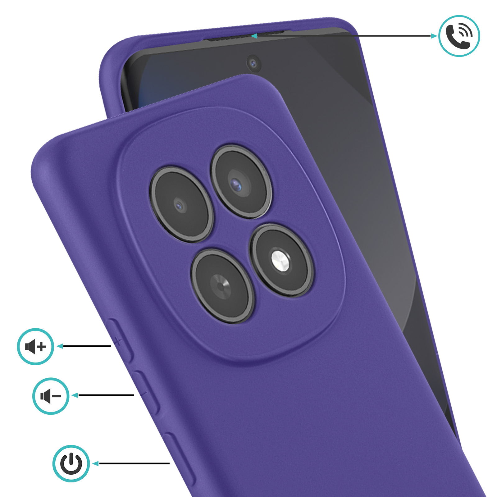 Custodia viola per telefono con quad camera posteriore e pulsanti volume/accensione.