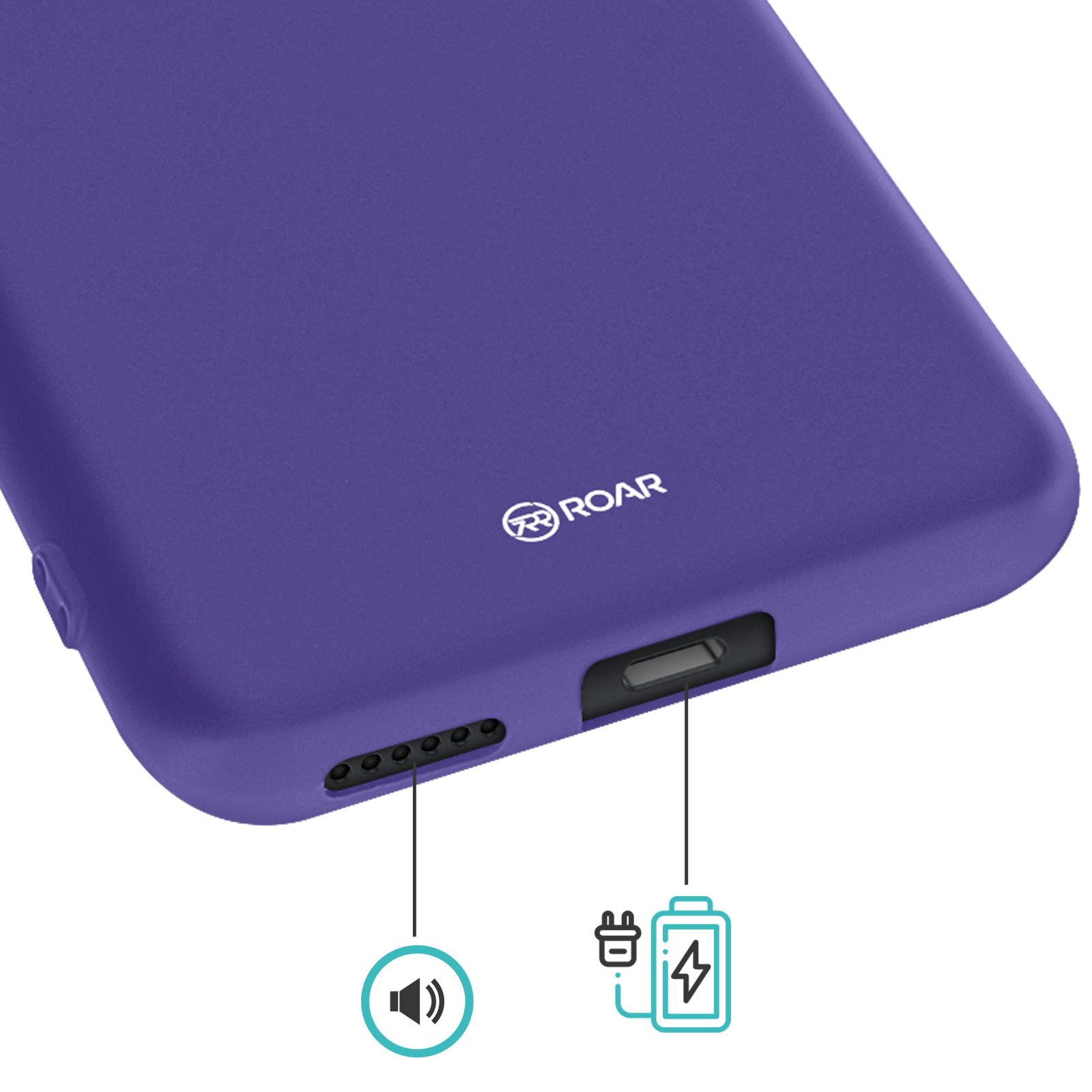 Cover viola per telefono con fori altoparlante e porta di ricarica.
