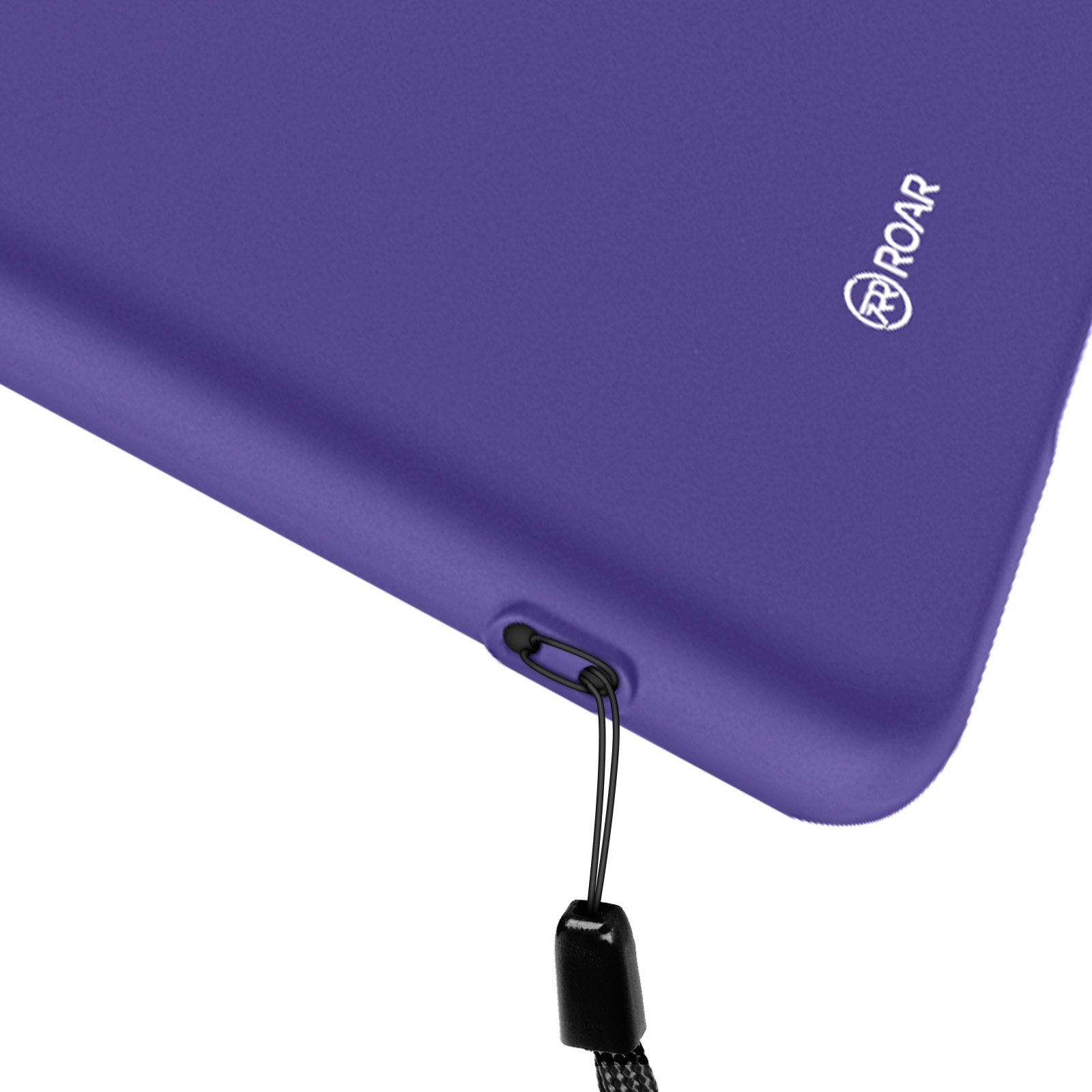 Custodia viola per telefono con laccetto nero e logo.