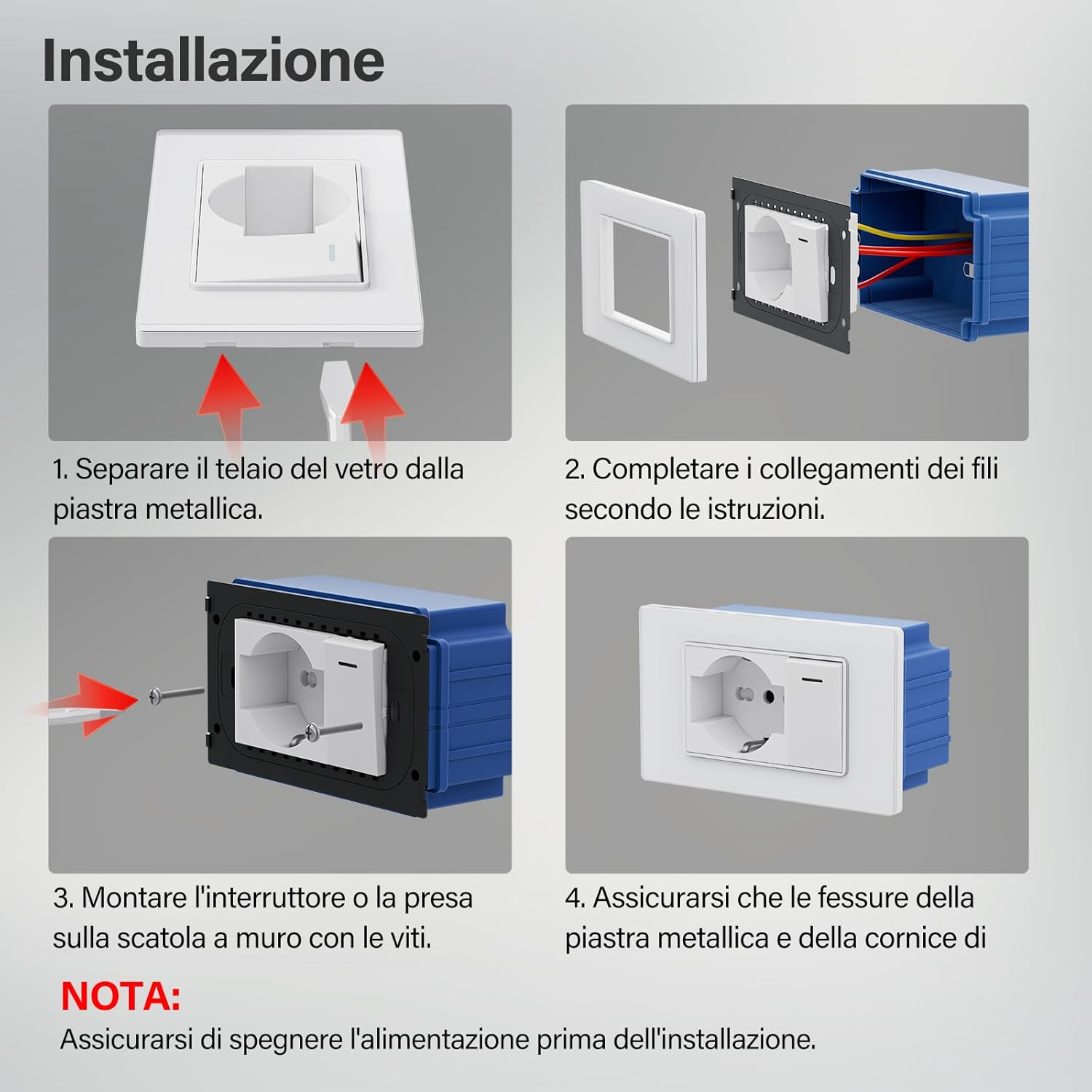 Guida installazione presa: separare, collegare, montare, fissare.
