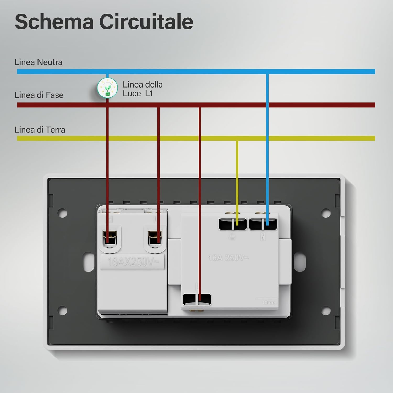 Schema elettrico: Linea blu (neutra), linea rossa (fase), linea gialla (terra).