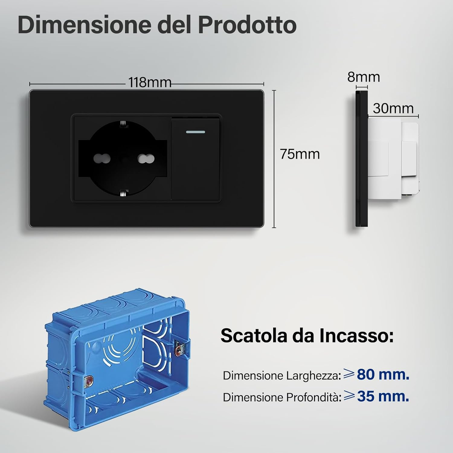 Presa nera con interruttore, 118x75mm. Scatola da incasso blu, 80x35mm.