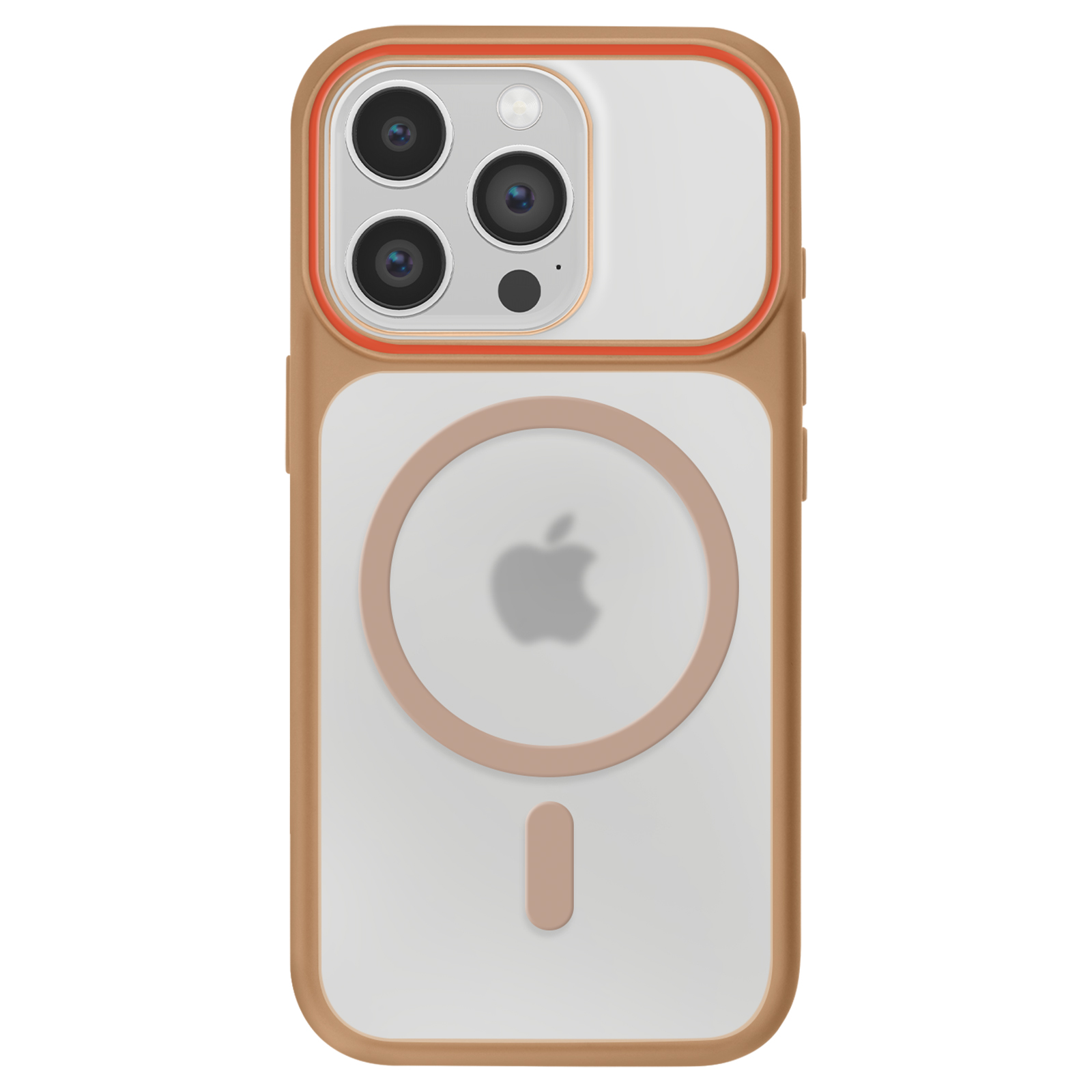 Coque marron pour iPhone avec trois caméras, logo Apple et cercle MagSafe.
