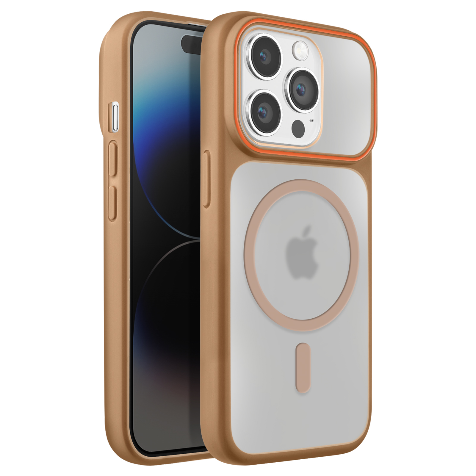 iPhone doré avec coque transparente, appareils photo et logo MagSafe.