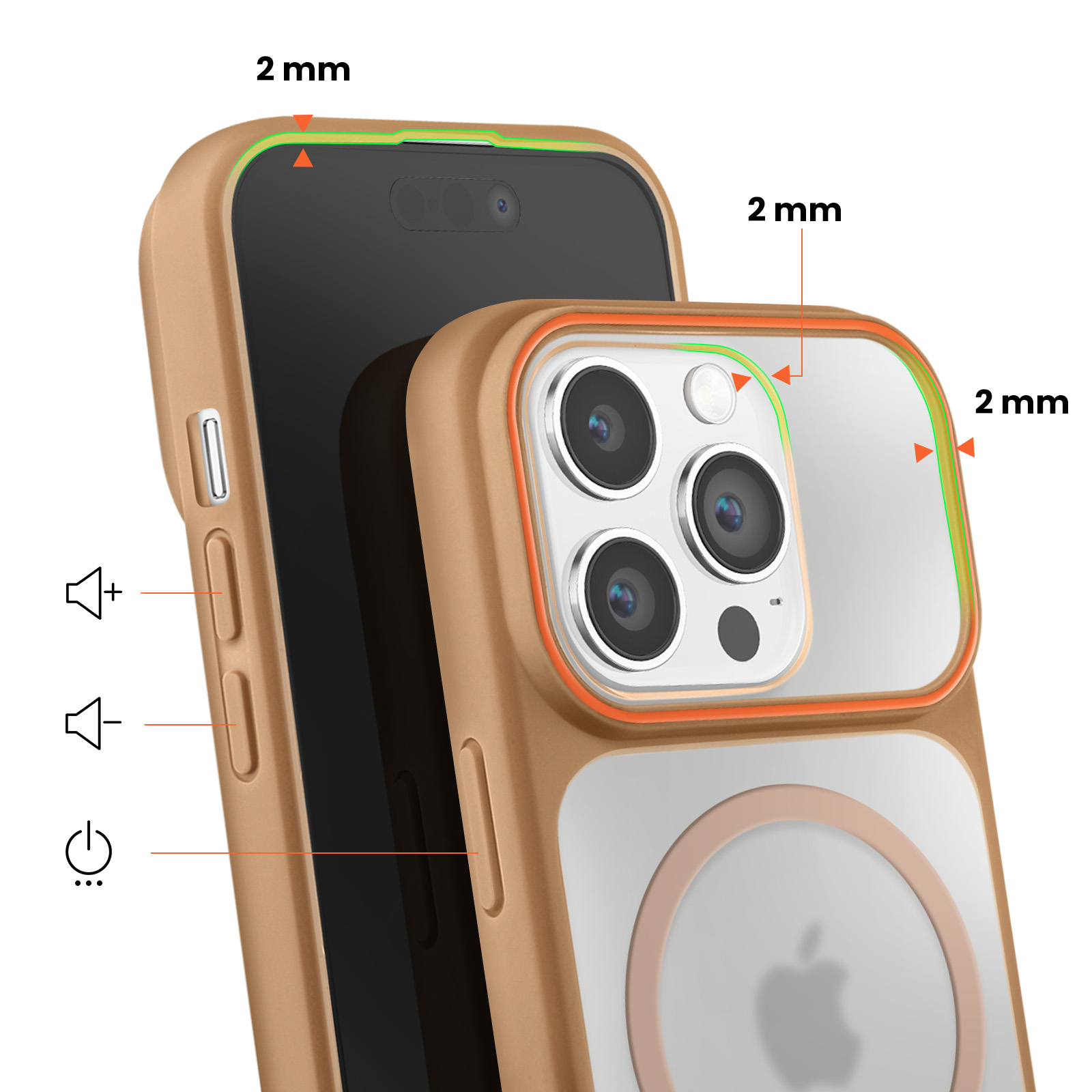 Coque dorée avec rebords surélevés de 2mm pour appareil et écran.