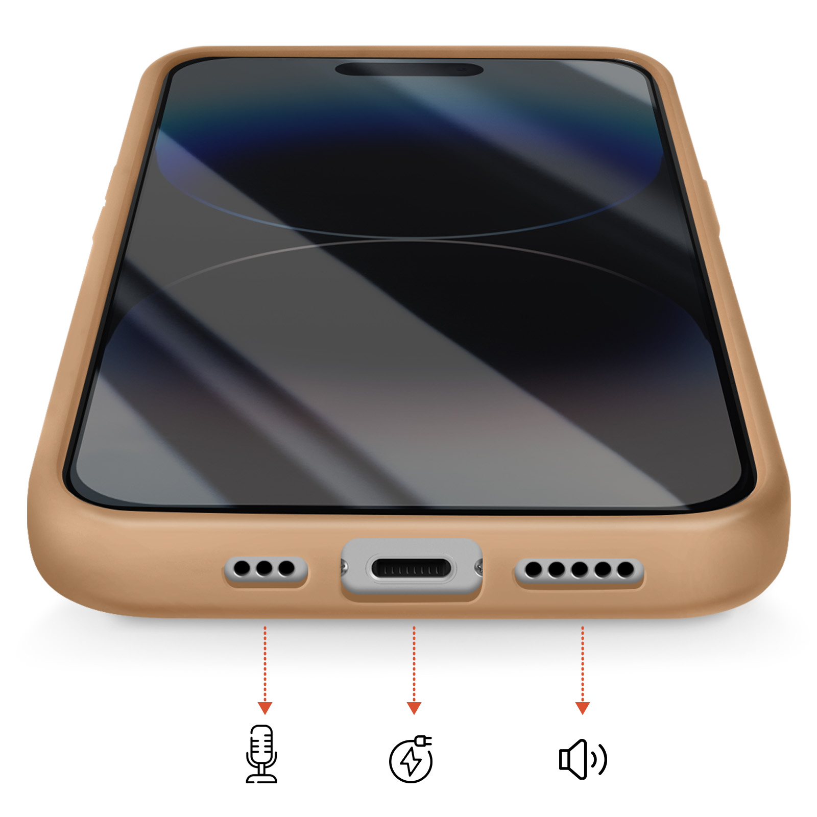 Un téléphone portable dans un étui beige montrant le port de charge et les grilles.