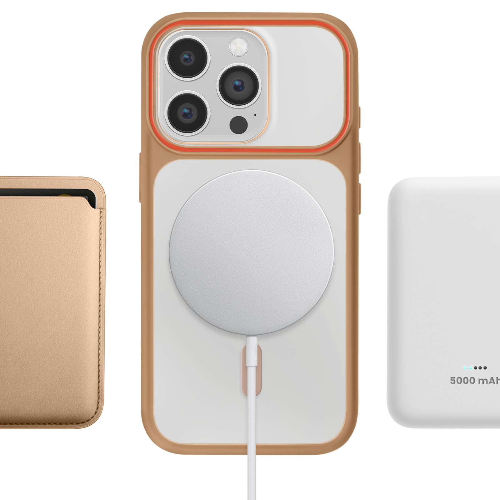 Coque dorée avec chargeur MagSafe, porte-cartes et batterie blanche.