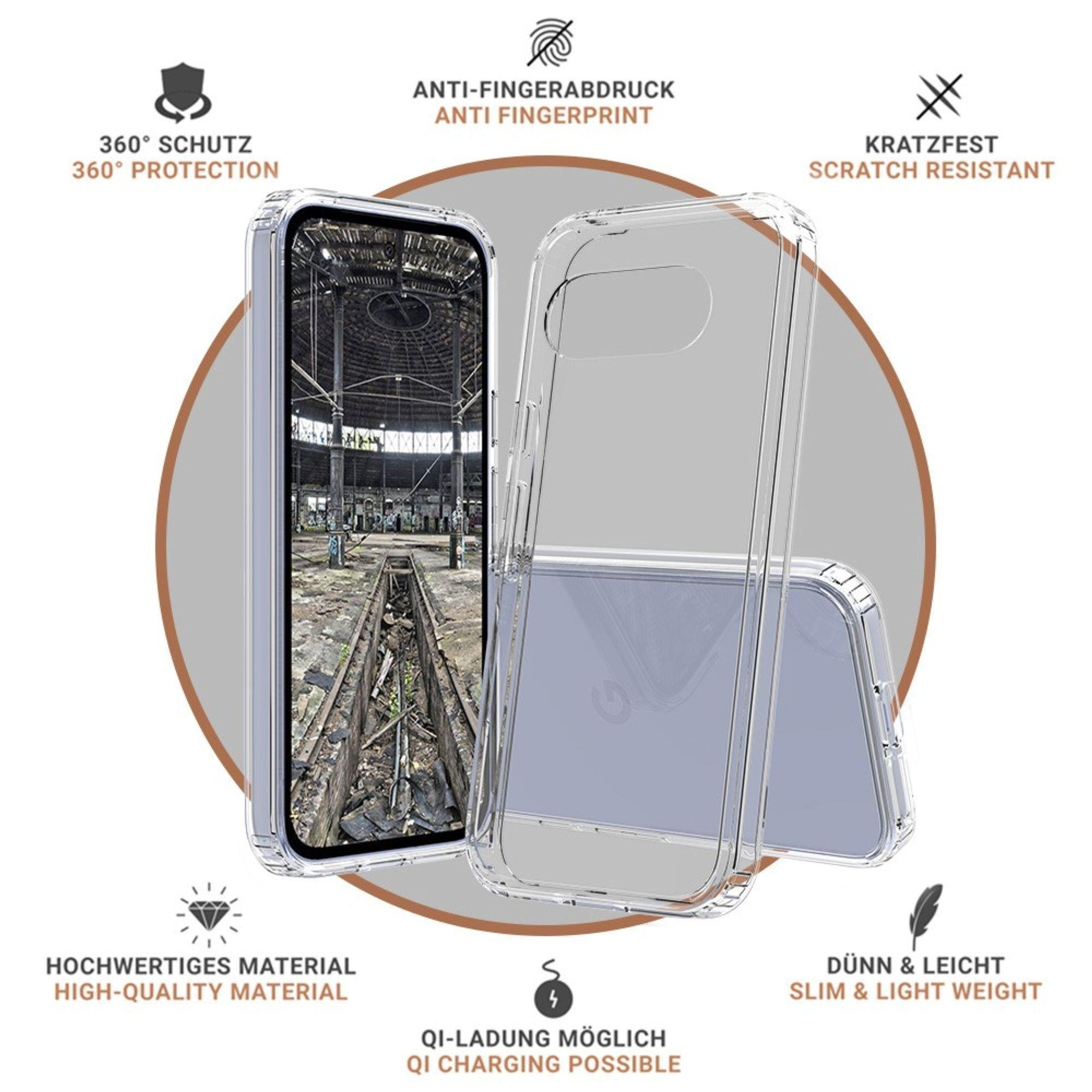 Transparente Handyhülle mit Icons für 360°-Schutz, Anti-Fingerabdruck, Kratzfestigkeit.