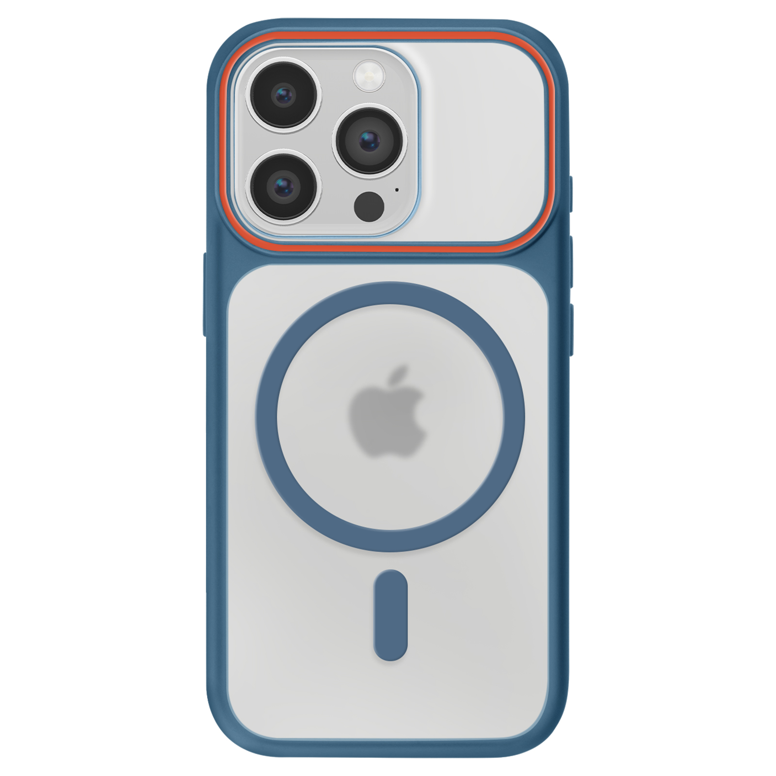 Blauw telefoonhoesje met doorzichtig achterkant, oranje rand, cameralenzen.
