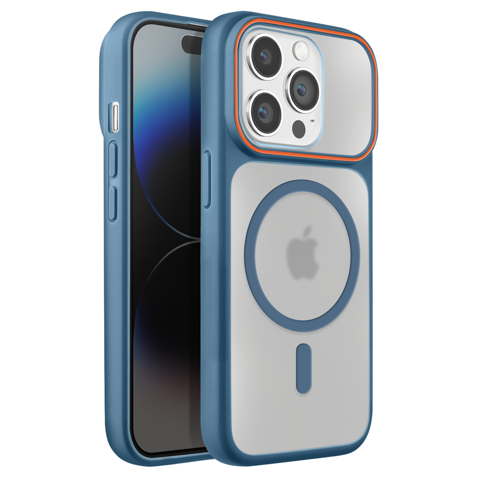 Een blauwe telefoonhoes met doorzichtige achterkant en MagSafe-ring op witte achtergrond.