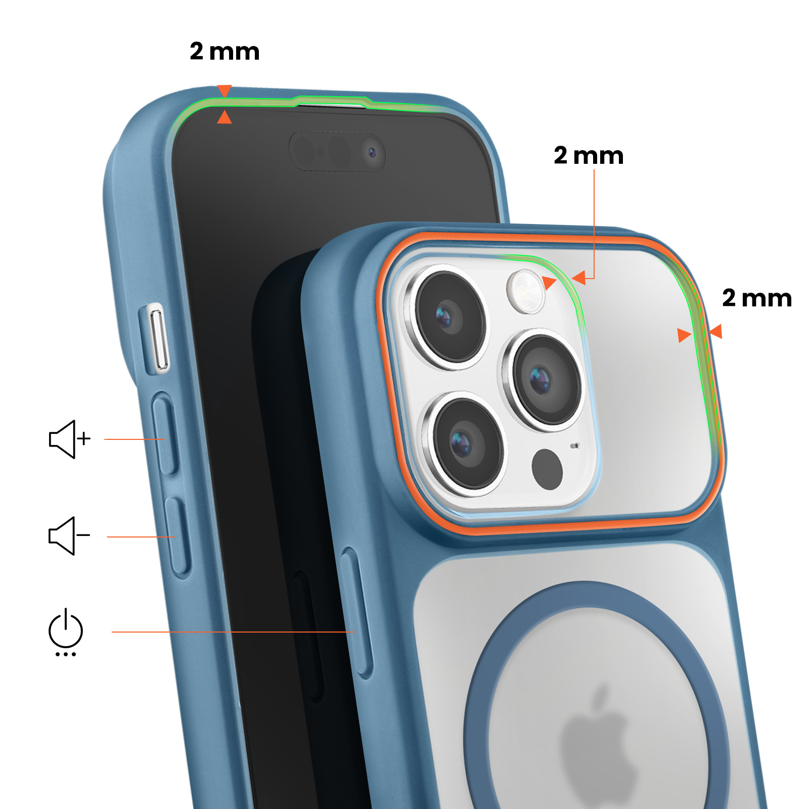 Blauwe telefoonhoes met 2mm beschermende rand rond camera en display.