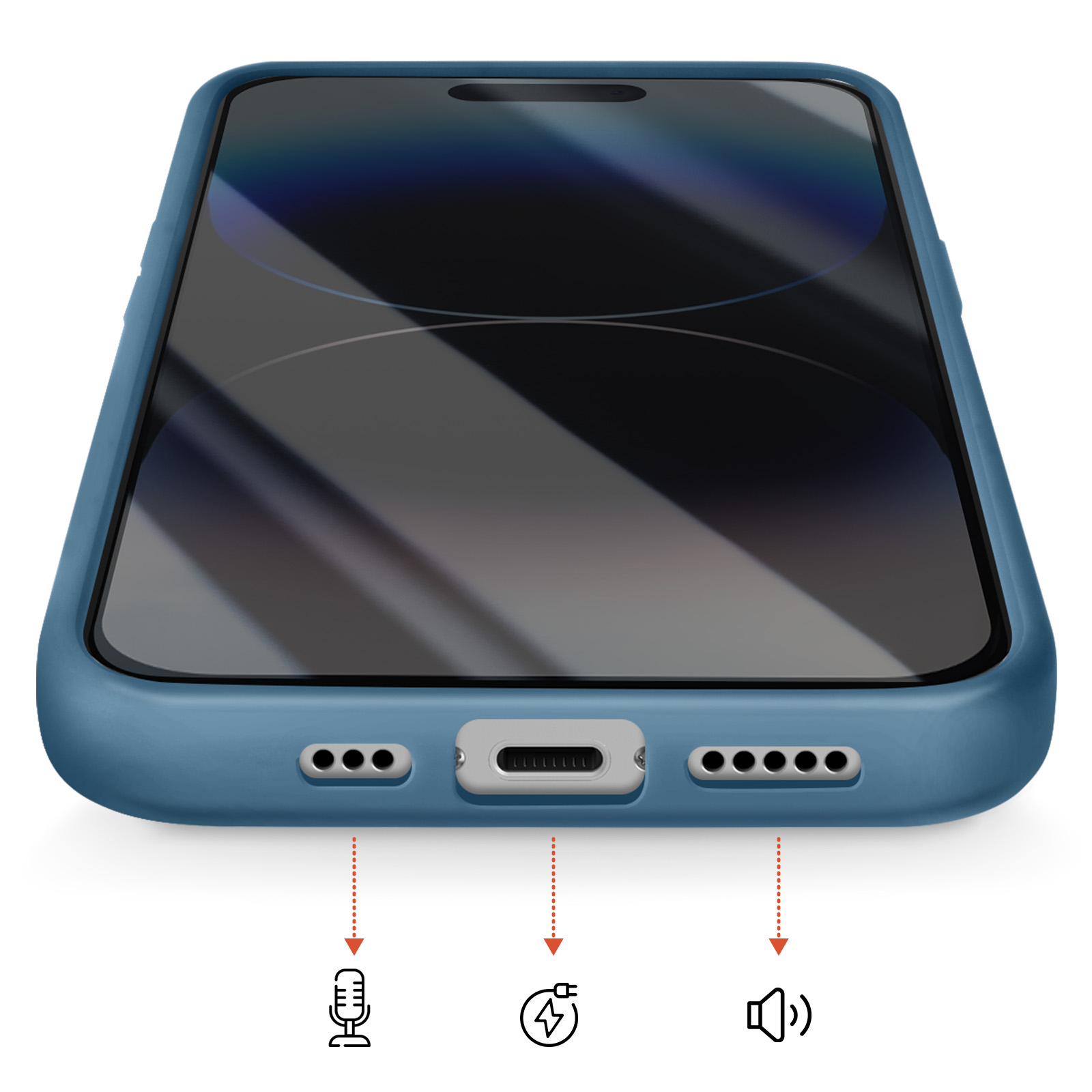 Blauw telefoonhoesje met oplaadpoort, microfoon- en luidsprekerpictogrammen.