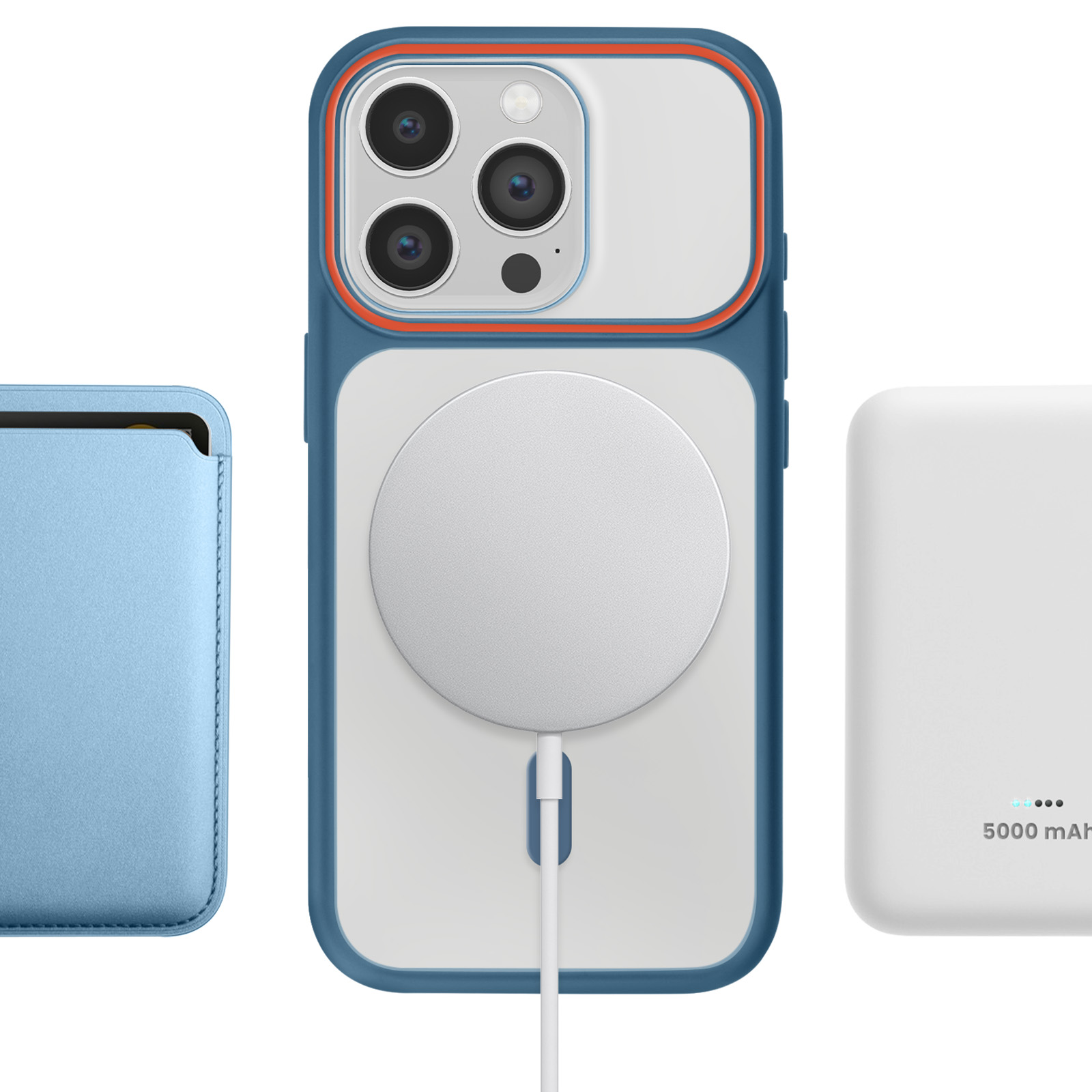 Blauw iPhone hoesje met camera, oplaadkabel en witte powerbank.