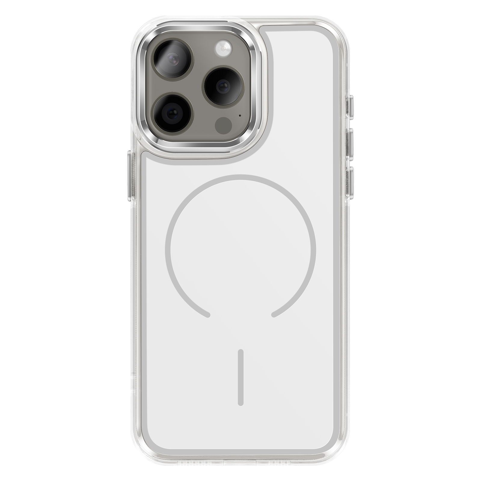 Transparante iPhone hoes met drievoudige cameralens en magneetring.