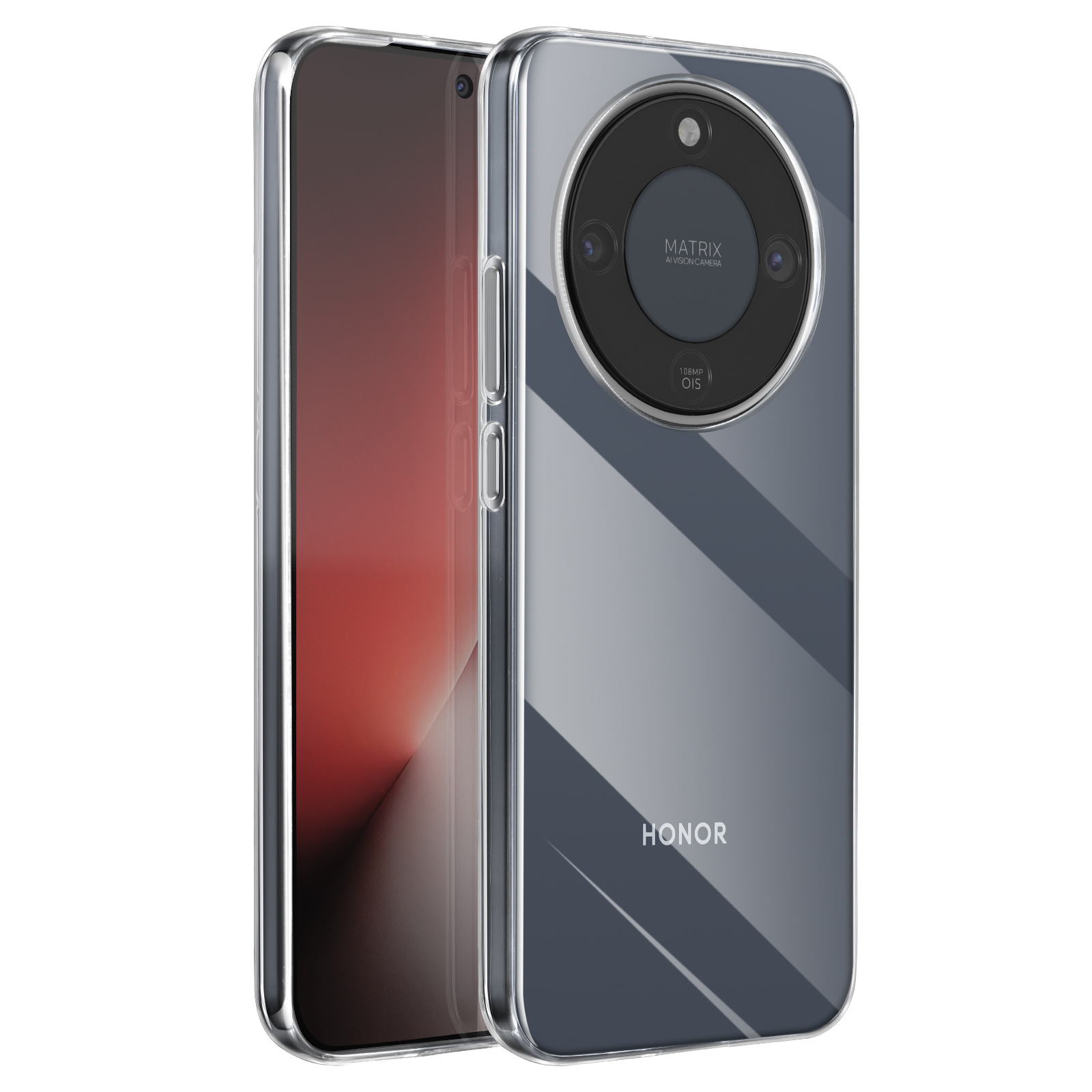 Een transparante telefoonhoes op een gestileerde HONOR telefoon.