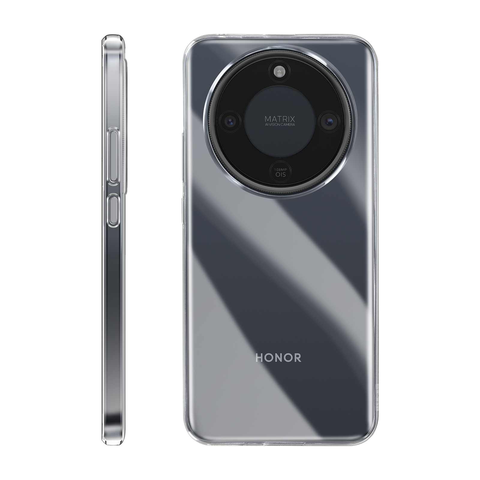 Een zilveren Honor smartphone met drievoudige camera en HONOR-logo.