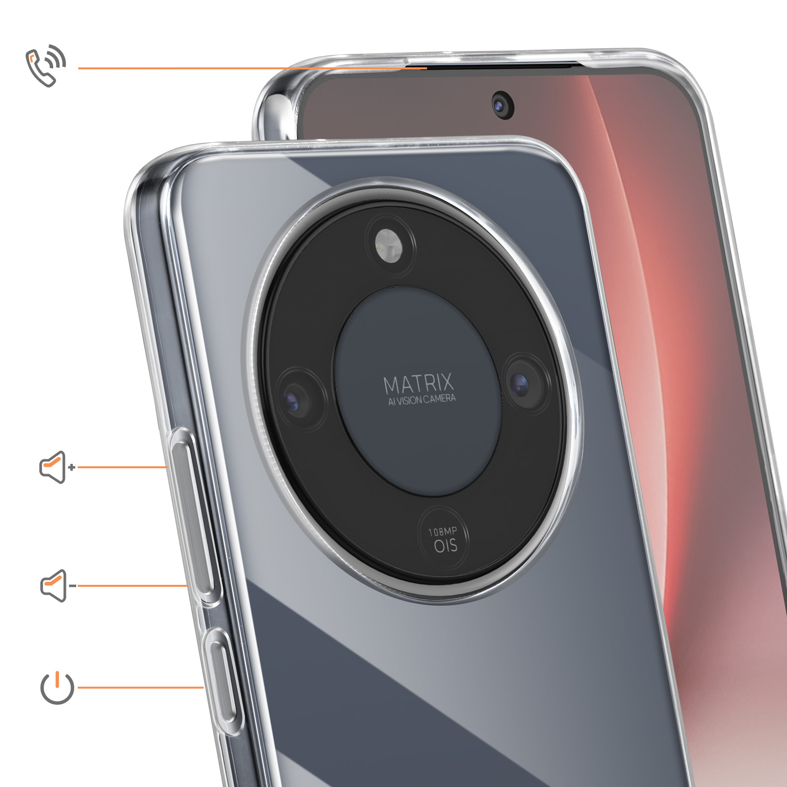 Doorzichtige hoes toont telefoonachterkant met grote cameramodule en "MATRIX AI VISION CAMERA" tekst.