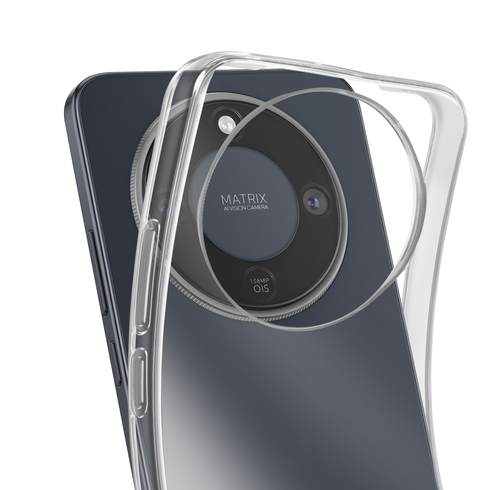 Een doorzichtige telefoonhoes omhult de achterkant van een donkere smartphone met cameramodule.