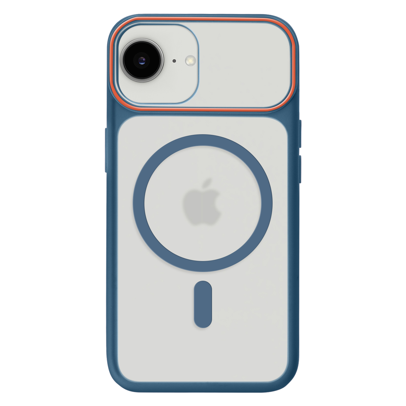 Custodia blu con bordo arancione, fotocamera e logo Apple.