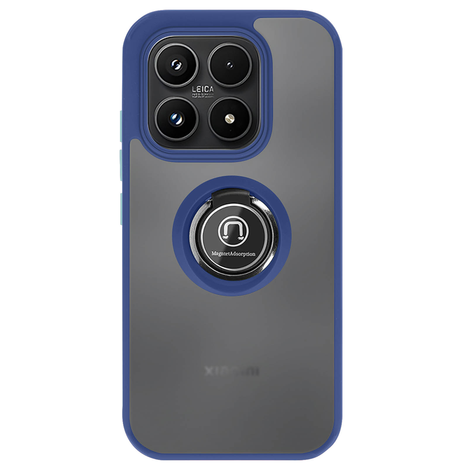 Un téléphone bordé de bleu avec quatre caméras et une poignée magnétique.