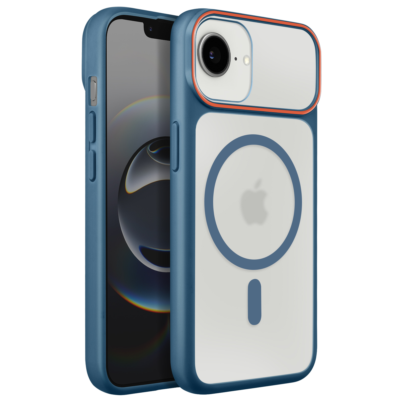Custodia blu per iPhone con anello MagSafe e bordo arancione.