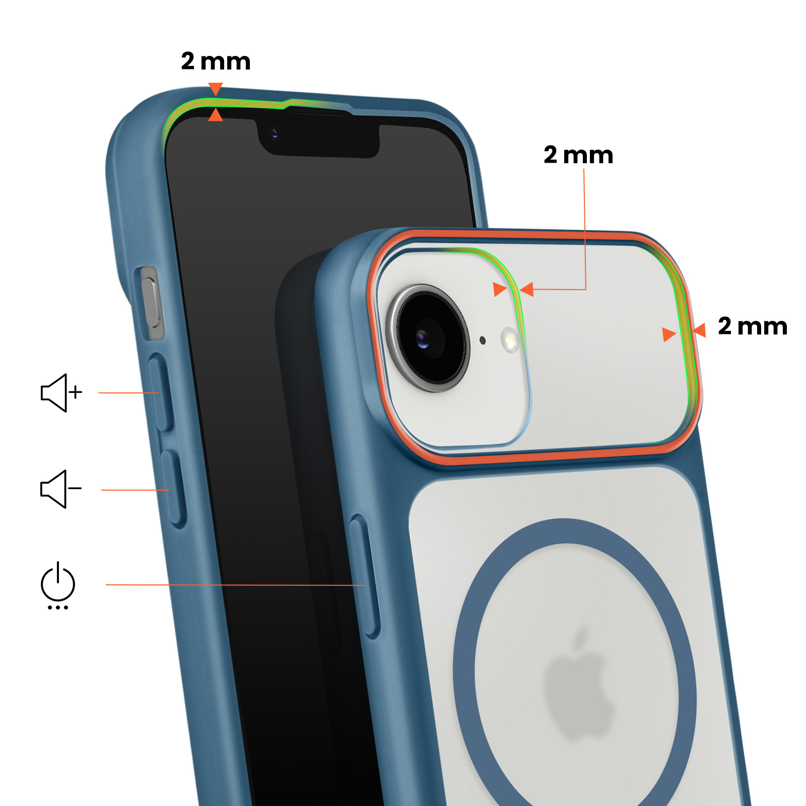 Custodia blu per telefono spessa 2 mm, con misure e pulsanti.