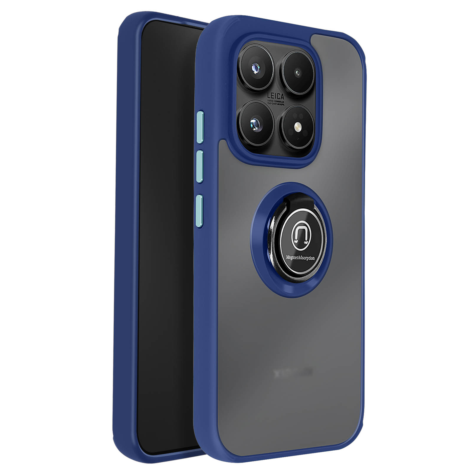 Une coque de téléphone bleue avec quatre caméras et un support bague.