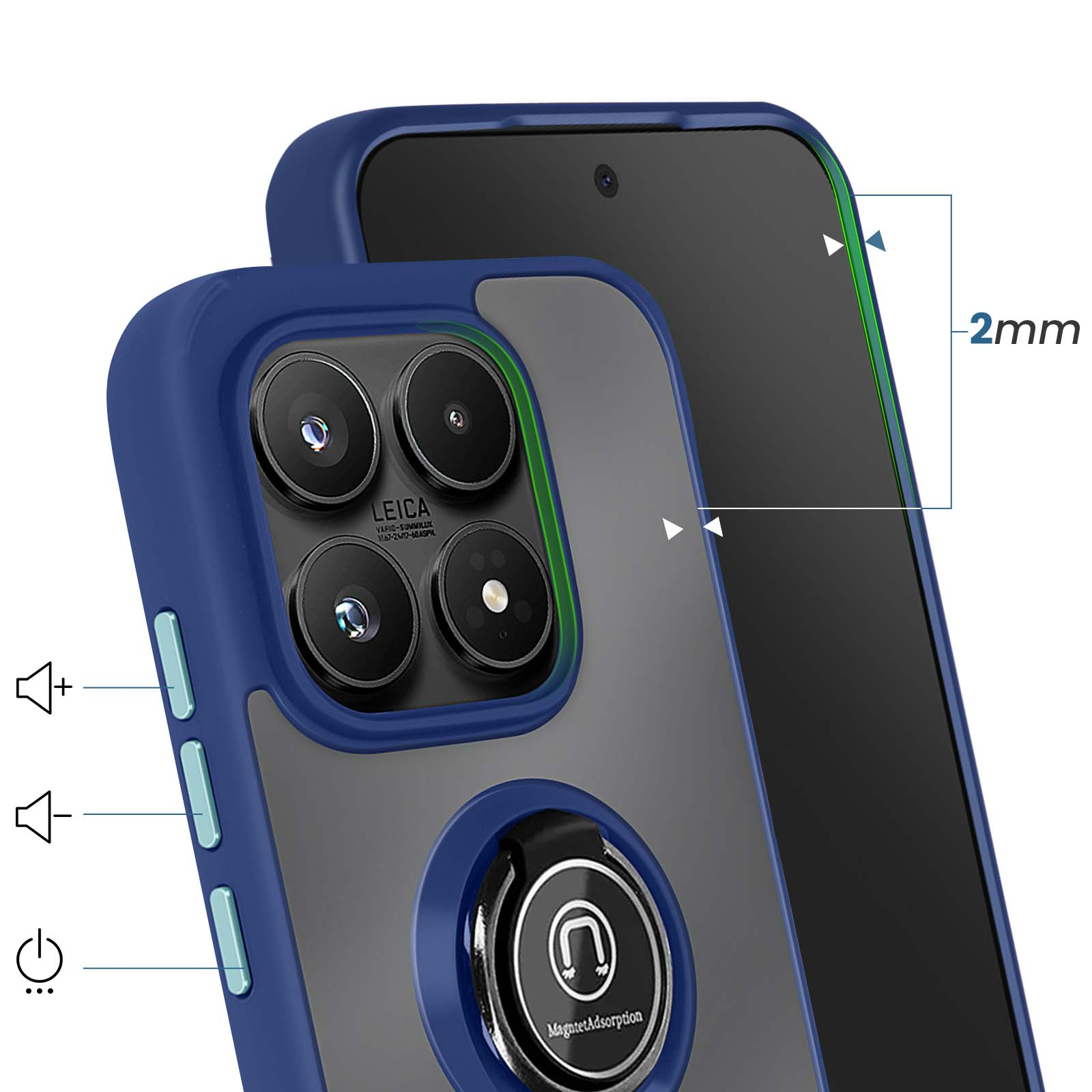 Coque de téléphone bleue avec quad caméra, support anneau et bord de 2mm.