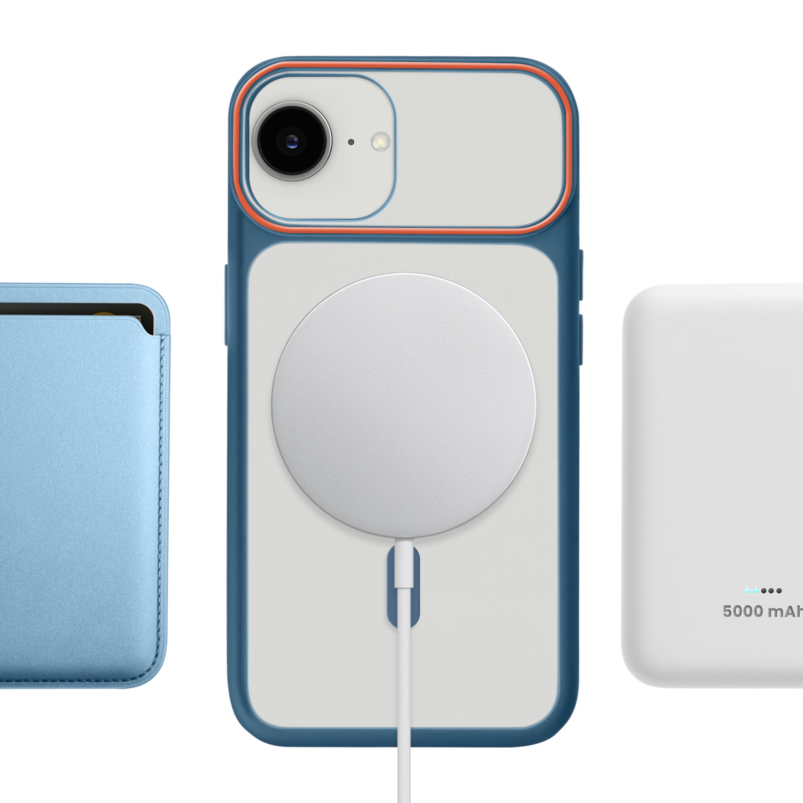 Un porta carte blu, una custodia per telefono MagSafe e un caricatore bianco.